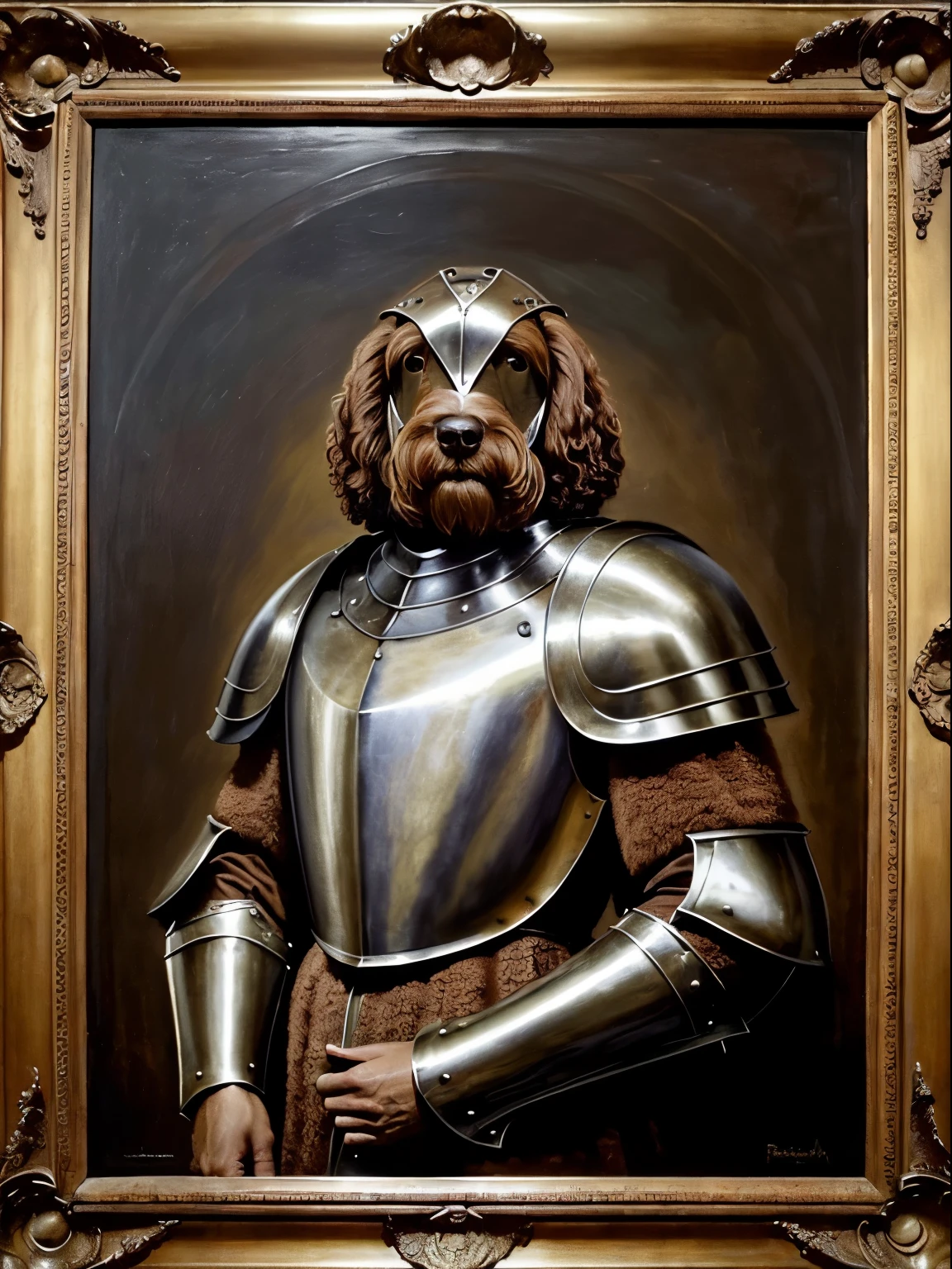 (Renaissance oil painting of a brown labradoodle:1.3),(Labradoodle wearig a suit of armor:1.5), best quality, masterpiece, expressive, thrilling, 256k, epic, crepuscular lighting, Michelangelo, by Rafael, by Rubens:1.2), chiaroscuro, best quality, masterpiece, (best quality, outstanding, breathtaking, gorgeous, top quality, 10/10, splendid, amazing, wonderful)