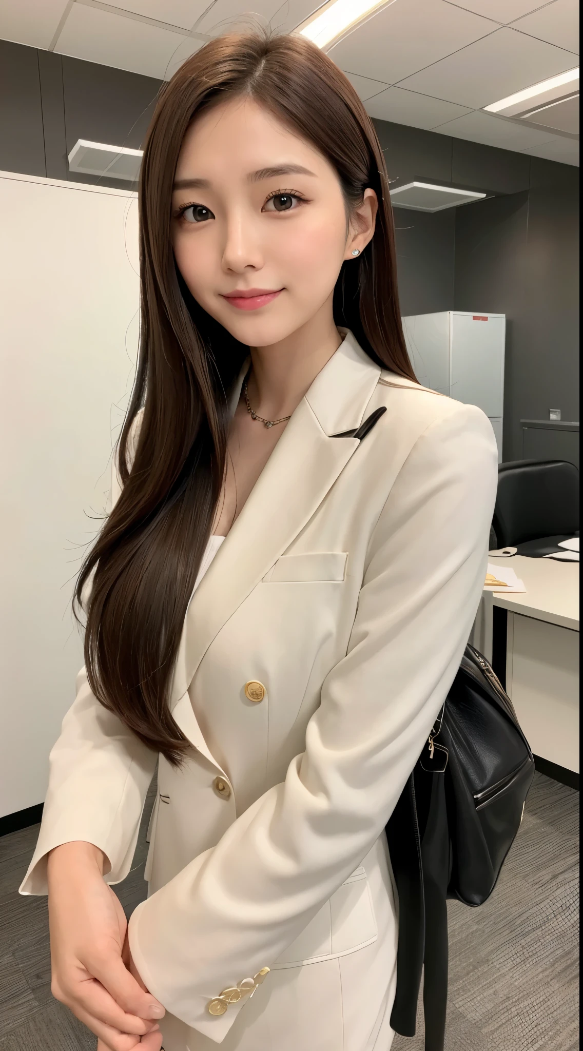 She is an office lady with semi-long brown hair.、I am a fashion model in suits.、Brown eyes、a smile、