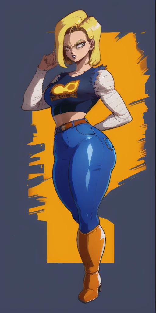 Android18, android 18 1girl, (sozinho:1.2), (Standing:1.3), (Interagindo:1.3), (mostrando perfil esquerdo), (mostrando corpo completo),( de lado), mostrando a lateral, mostrando diagonalmente, android 18 dragonball, android18 dragonball, (blue jeans), (colete jeans azul), camisa manga longa branca listrada, camisa preta, saia jeans, bota marrom, brown cowboy boots,( 4K分辨率),(perfect resolution),( rosto perfeito),(medium thighs),(de lado),(mostrando o lado),(imagem de corpo inteiro)