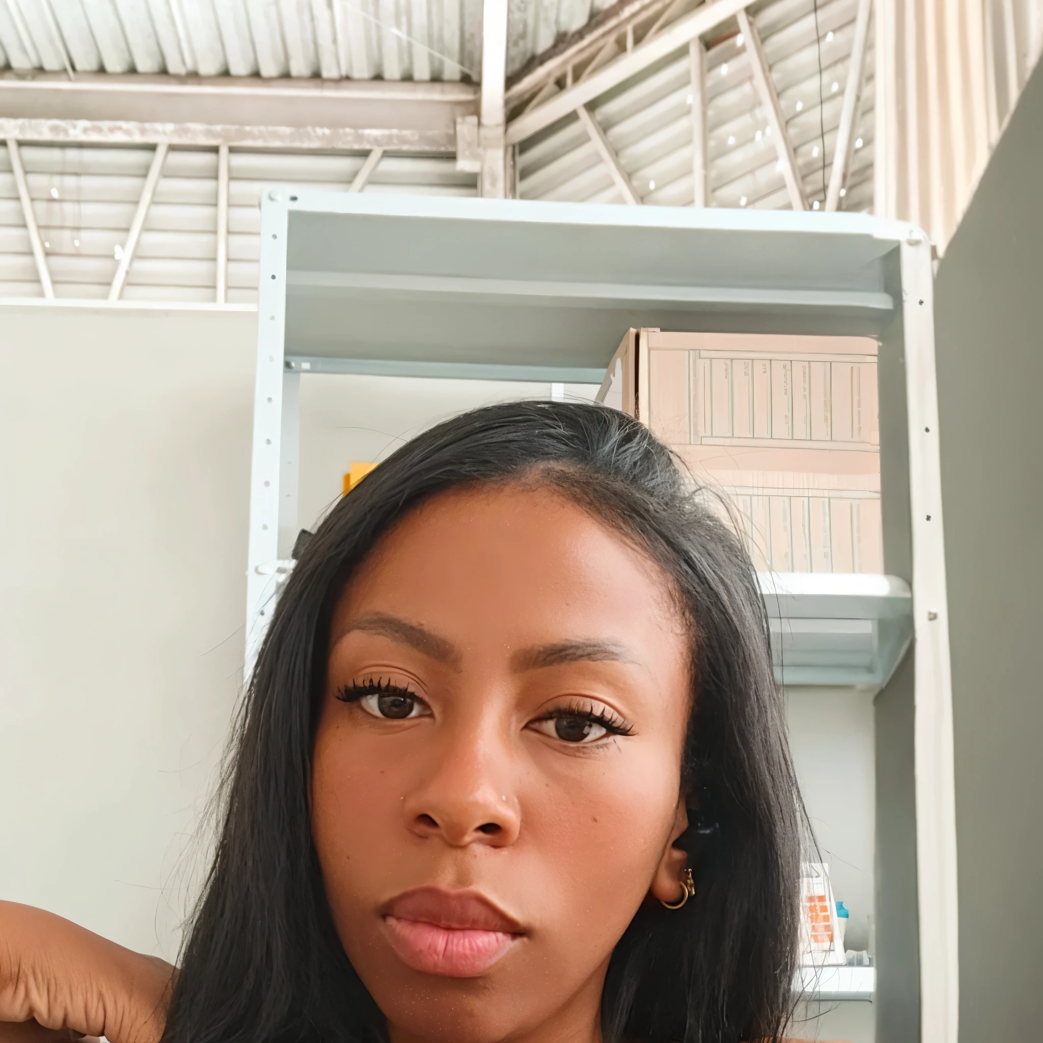 there is a woman with long hair and a black top, foto de uma mulher negra, jovem mulher negra, taken in the early 2020s, mulher jovem negra, selfie de uma jovem mulher, foto de perfil headshot, looking away from camera, looking to the side off camera, detailed flawless face, she's facing the camera