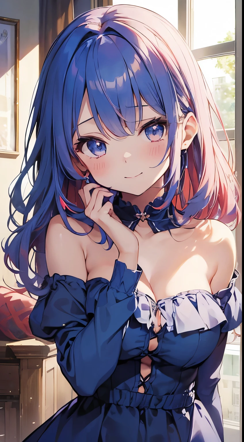 beautiful illustration, best quality, cute petit girl, (One girl)、( masterpiece)、(best qualtiy)、(ultra-detailliert)、(a high chroma)、(CG Illustration)、((full-shot))、18 year old beautiful schoolgirl、Delicate beautiful face、(red blush)、((Mature half up hair)style)、(A Blue-haired)、(dishevled hair)、(Anime-style eyes:1.3)、((Beautiful blue dress)), (bare shoulder), (long sleeves), C cup breasts、(boobs window), ((turned around))、The best lighting、shores, loli, cute, sexy, Blue smiley starry eyes, closed mouth, smile, looking at the viewer, mama like smile and face