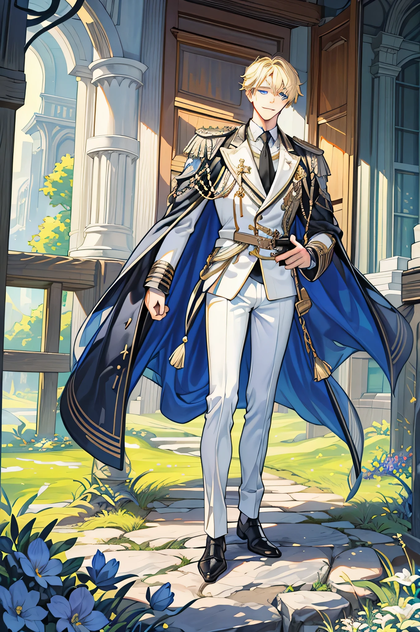 ((masutepiece: 1.2, of the highest quality)), ((1 Men)), short blond hair, Blue eyes (Handsome: 1.4), White suit, uniform, royalty, Tough Black Knight, Scar on the right eye, Black Armor, Fantasy, forest, blooming flowers, Sunlight, Fantastic Light and Shadow, landscape, highly Detailed face, Smile,(Full body),Detailed face,