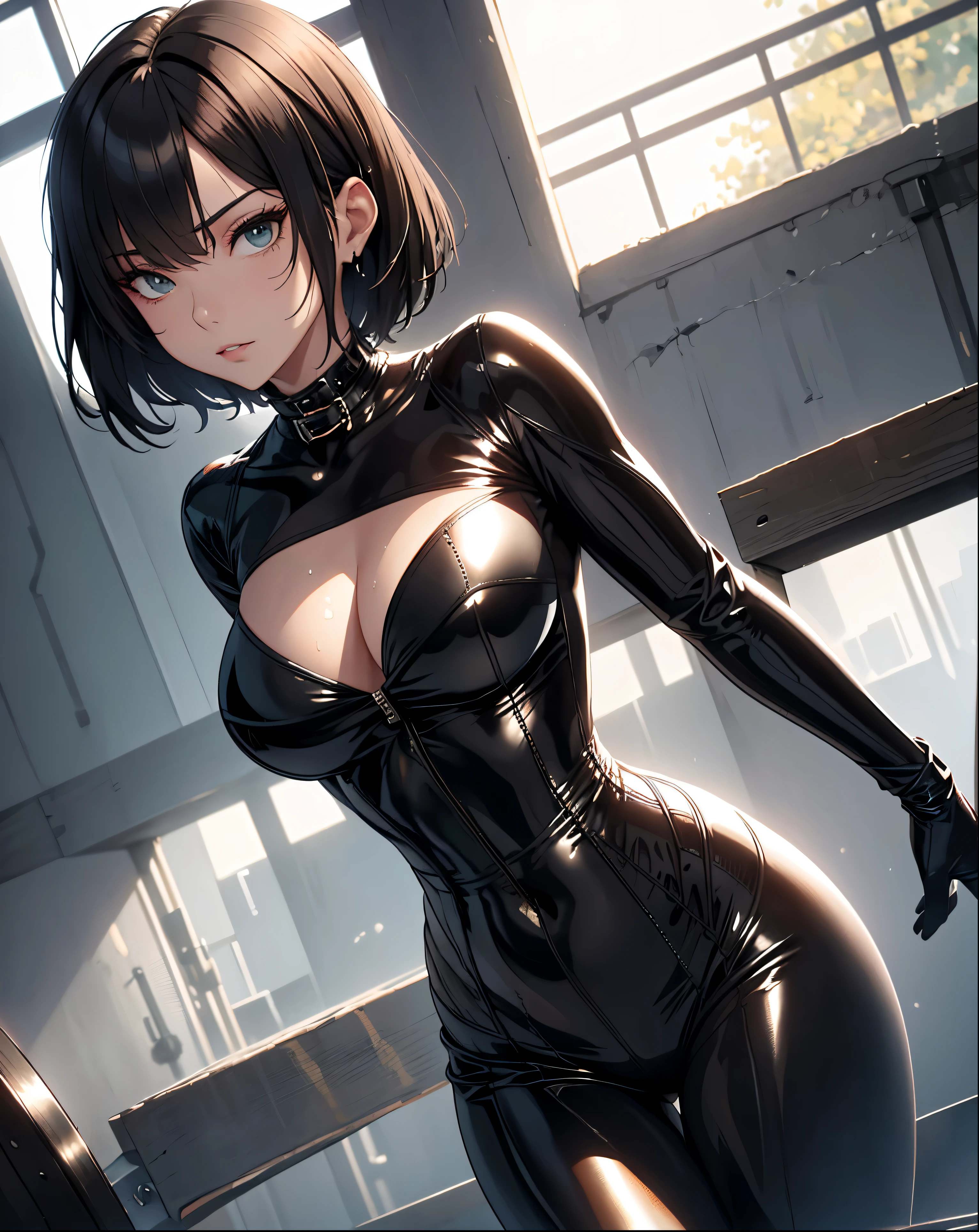 Shackles, BDSM, slave, rubber, black corset, catsuit, collar, nsfw, ((highest quality, 8k, masterpiece: 1.3)), crisp focus: 1.2, beautiful woman with perfect figure: 1.4, slender abs: 1.2, wet body: 1.5, highly detailed face and skin texture, detailed eyes, double eyelids, very short hair,