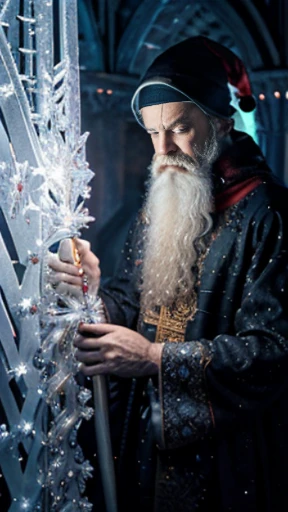 | Icicles | Dark Wizard vibes | deep crimson robes | Are you on the square?  | Are you on the hammer? | Geometric runic snowflakes in white thread | Spooky scary | The Gilted Santa | clad in gold filigree and red satin | holding a long staff | long flowing white beard | Male | Ragged | Bright lighting |  Pixar. | crimson.  | emerald .  | indigo. | platinum Puzzles.  | 
Oliver ledroit | 
Zdzislaw Beksinski, | 
Jason de Graaf | 
Richard a kirk |
Vitaly S. Alexius. |