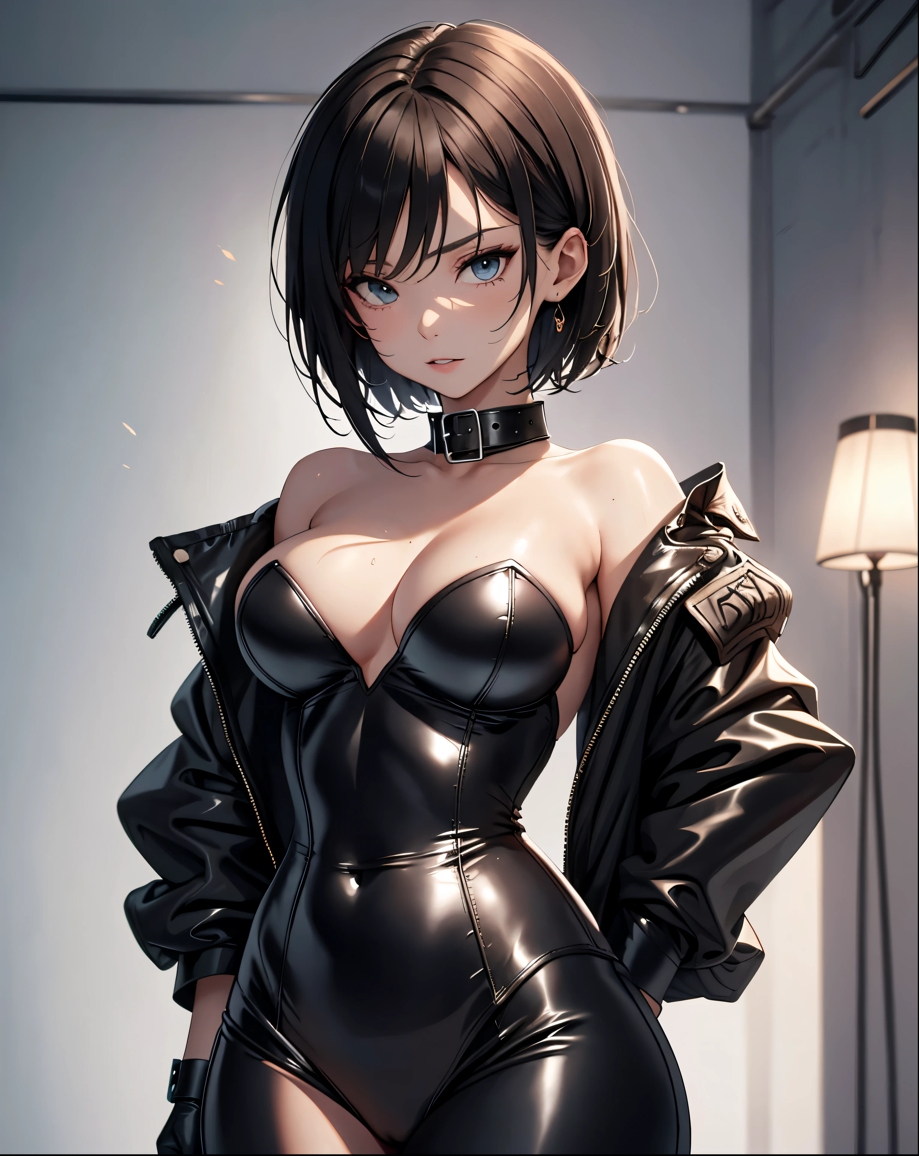 Shackles, BDSM, slave, rubber, black corset, catsuit, collar, nsfw, ((highest quality, 8k, masterpiece: 1.3)), crisp focus: 1.2, beautiful woman with perfect figure: 1.4, slender abs: 1.2, wet body: 1.5, highly detailed face and skin texture, detailed eyes, double eyelids, very short hair,
