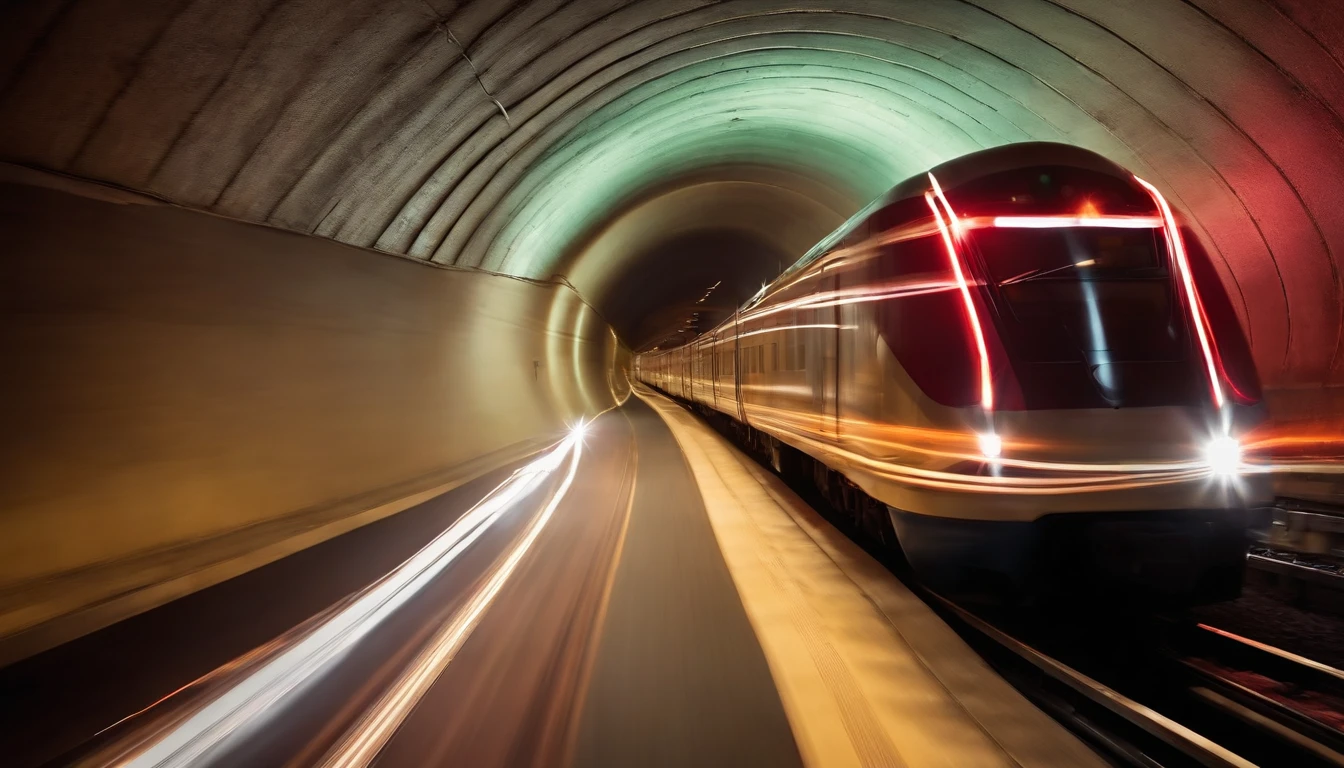 a mesmerizing shot of the train rushing through the tunnel, with vibrant streaks of light creating a dynamic and energetic atmosphere.