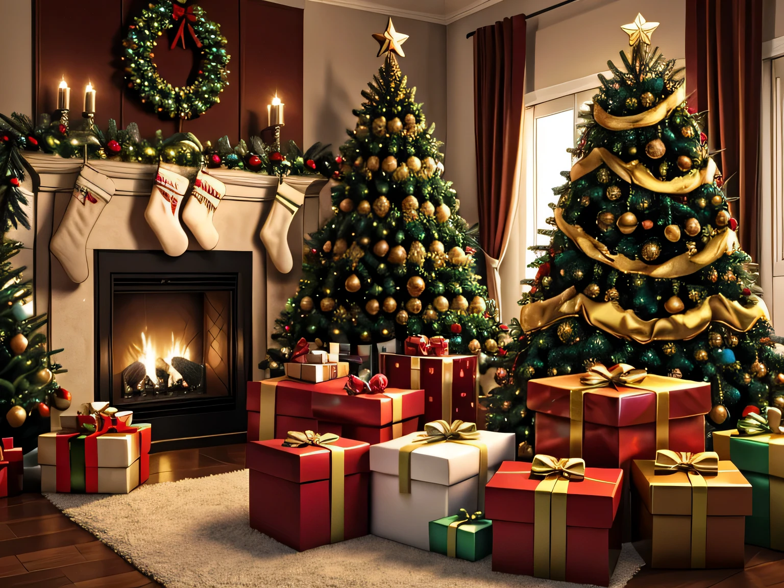 Christmas card. Muitas luzes e enfeites de natal. Sem pessoas. Com presentes. Sem pessoas. with christmas tree.