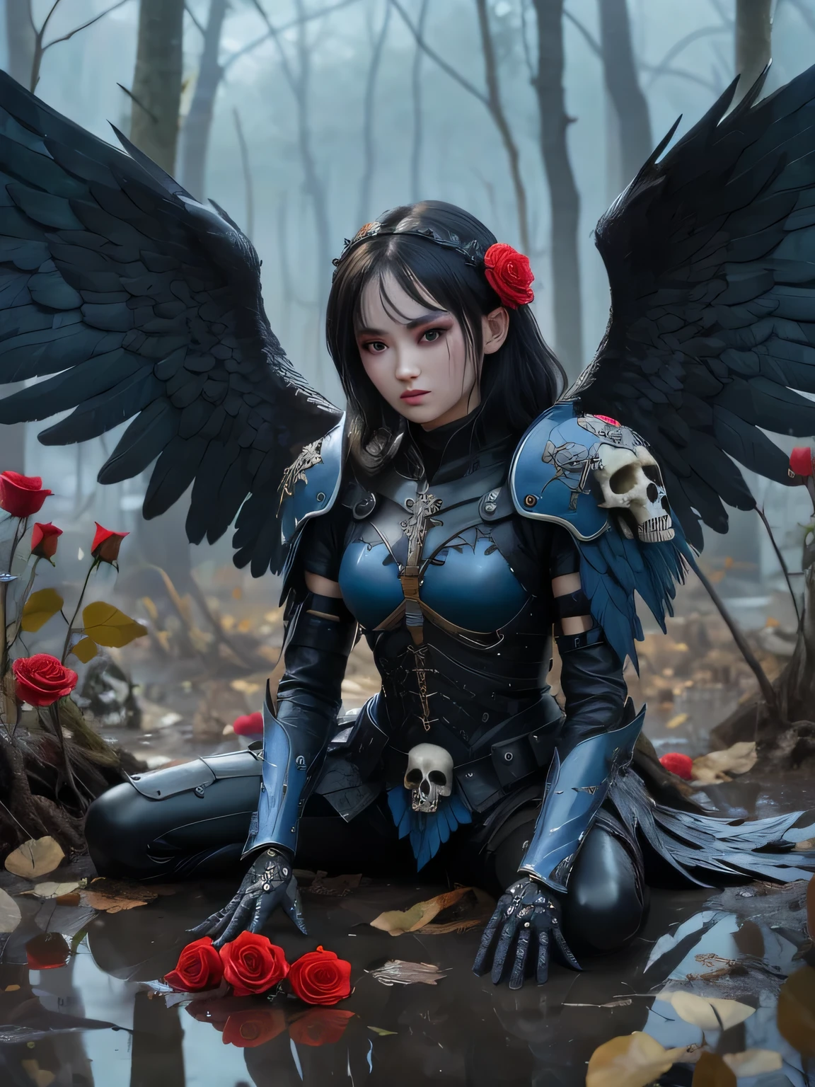 a sad female fallen angel with black wings in a foggy swamp, light leather armor, looking at viewer, skulls and roses on ground, dystopic, highly detailed, (high detailed skin:1.2), vibrant colors, intricate, ultra hd, 8k uhd, soft lighting, high quality, sharp focus, Gai Qi style <lora:DetailedEyes_xl_V2:1> <lora:add-detail-xl:0.75> <lora:perfect hands:1>