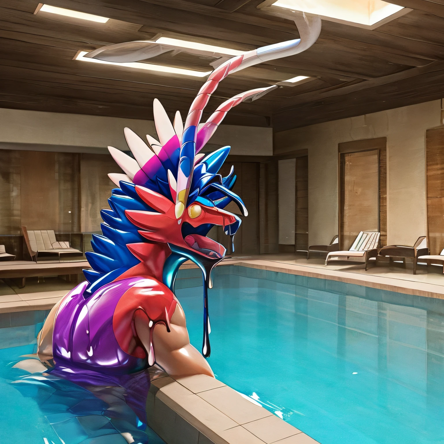 Swimming in abandoned overgrown hotel indoor pool, human latex Koraidon pooltoy hybridization metamorphosis, panicked expression, half human, latex goo coating