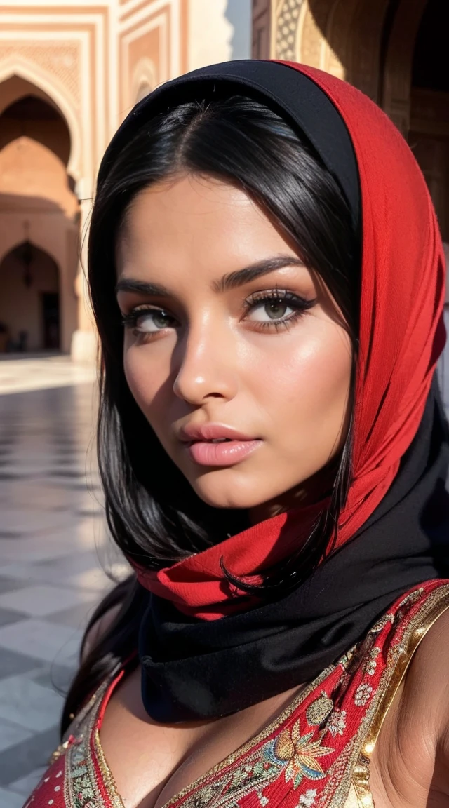 Moroccan Instagram girl, Brunnete, (Traditional respectful covered dress), (very loose head scarf showing curly hair), (Morrocan souk environment), masterpiece, best quality, highly detailed, (Beautiful and detailed eyes beautiful and detailed face), (Best Quality), (ultra-detailed), (masterpiece), (high resolution), (Original), ultra-realistic, epic realism.