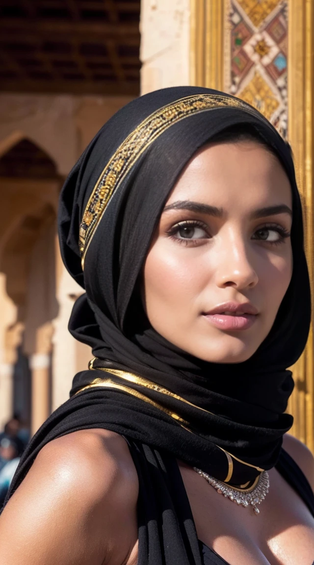 Moroccan Instagram girl, Brunnete, (Traditional respectful covered dress), (very loose head scarf showing curly hair), (Morrocan souk environment), masterpiece, best quality, highly detailed, (Beautiful and detailed eyes beautiful and detailed face), (Best Quality), (ultra-detailed), (masterpiece), (high resolution), (Original), ultra-realistic, epic realism.