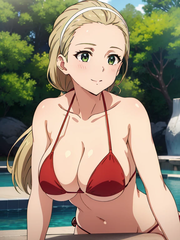 (masterpiece, top-quality, detaile, hight resolution, extremely delicate and beautiful, anime screen cap, anime colours, 8k, photorealistic), (red Micro Bikini:1.5), (huge drooping breasts:1.5, cleavage:1.5), akebi sasaki, hairband, 1girl, (), dark green eyes, smile, blush, ((from front:2.0, leaning forward:1.5, Upper body, slim:1.5)), ((perfect detailed anatomy, Beautiful details eyes&hair, beautiful face, beautiful detailed breast&body, Shiny skin)), in poolside, Sweat,