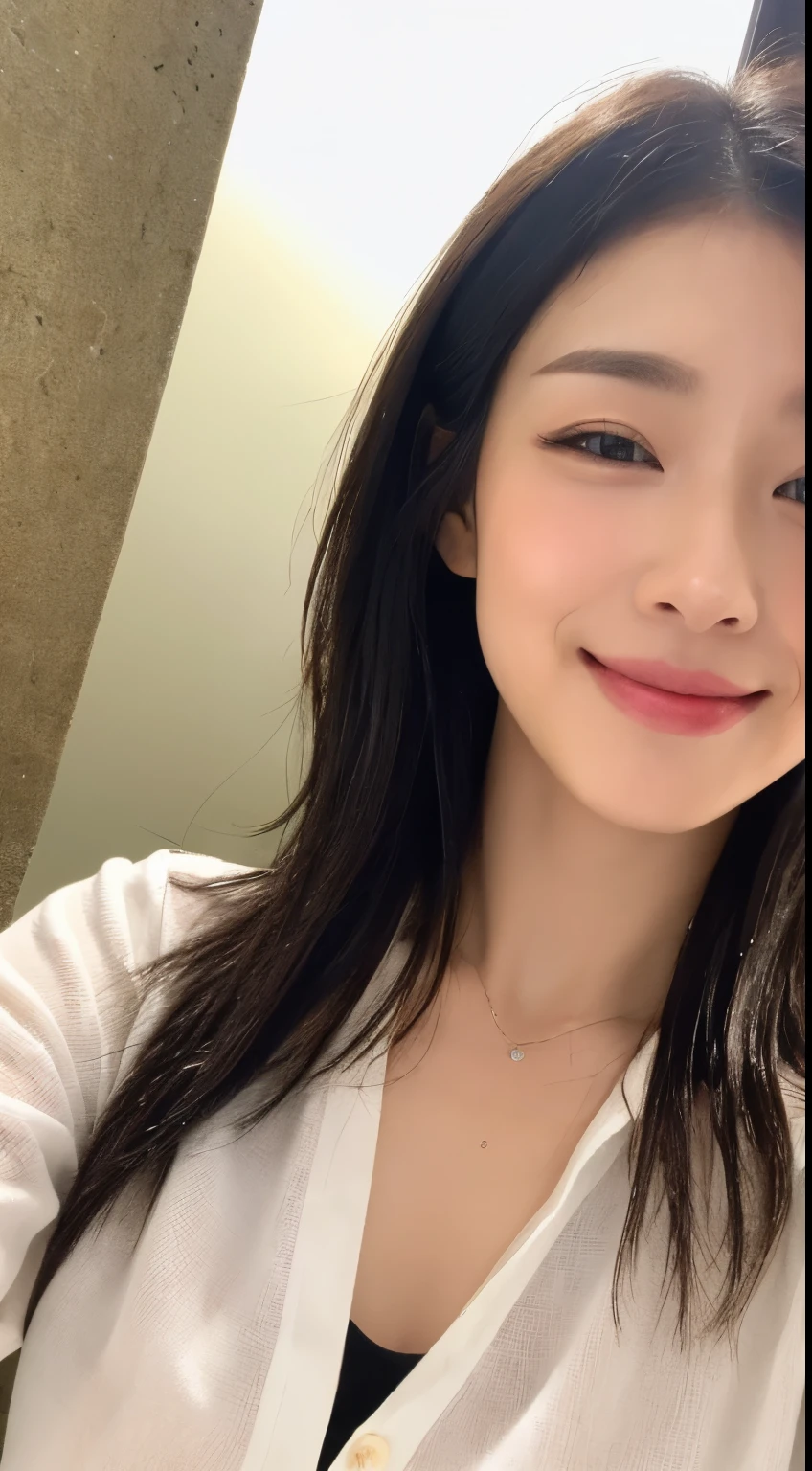 ((top-quality、8K、masterpiece:1.3))、foco nítido:1.2、Beautiful woman with perfect body shape:1.4、Slim abs:1.2、(Layered Hair Style:1.2))、(Wet White Button Long Shirt:1.3)、Sateen:1.3、street:1.2、wetbody:1.1、Highly detailed facial and skin texture、A detailed eye、二重まぶた、、a smile、