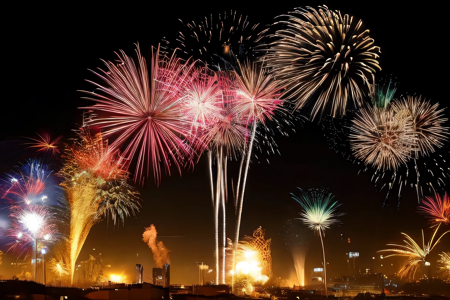 fireworks são iluminados no céu noturno sobre uma cidade, fireworks em background, [ fireworks no céu ]!!, firework, fireworks, fireworks em segundo plano, pirotecnia, new years eve, fireworks no fundo, Directed by: Alexandre Fedosav, 20 de janeiro, Celebrando, Shutterstock, firework trilhas de fumaça, Feliz!!!, Quarta de Julho