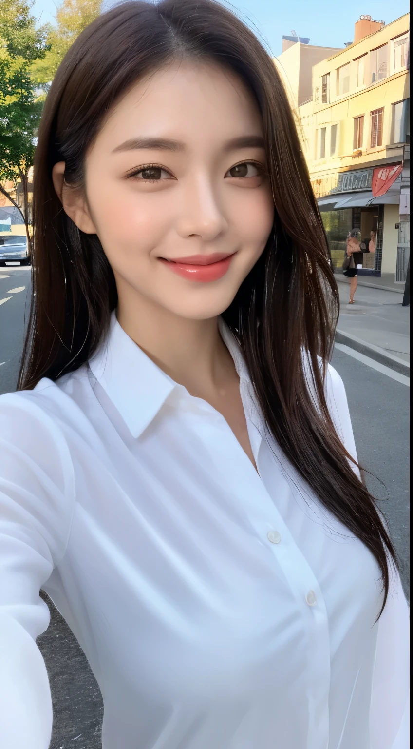 ((top-quality、8K、masterpiece:1.3))、foco nítido:1.2、Beautiful woman with perfect body shape:1.4、Slim abs:1.2、(Layered Hair Style:1.2))、(Wet White Button Long Shirt:1.3)、Sateen:1.3、street:1.2、wetbody:1.1、Highly detailed facial and skin texture、A detailed eye、二重まぶた、、a smile、