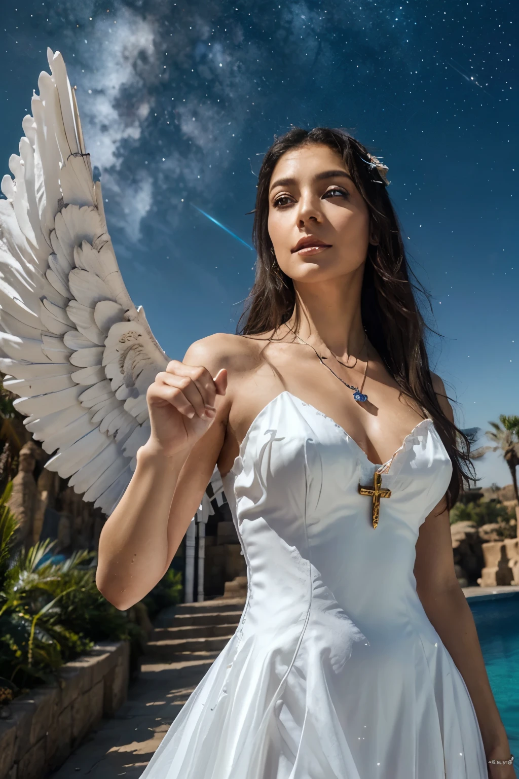 arafed woman in a white dress with a cross necklace , hold her hand up and points at something in the distance, mature beautiful elegant egyptian queen, angel wings, fantasy woman, closeup fantasy with facial details, facial expression, water fall,  stars night sky, fantasy dress, fantasy photoshoot, beautiful and elegant mature with blue eyes, elegant