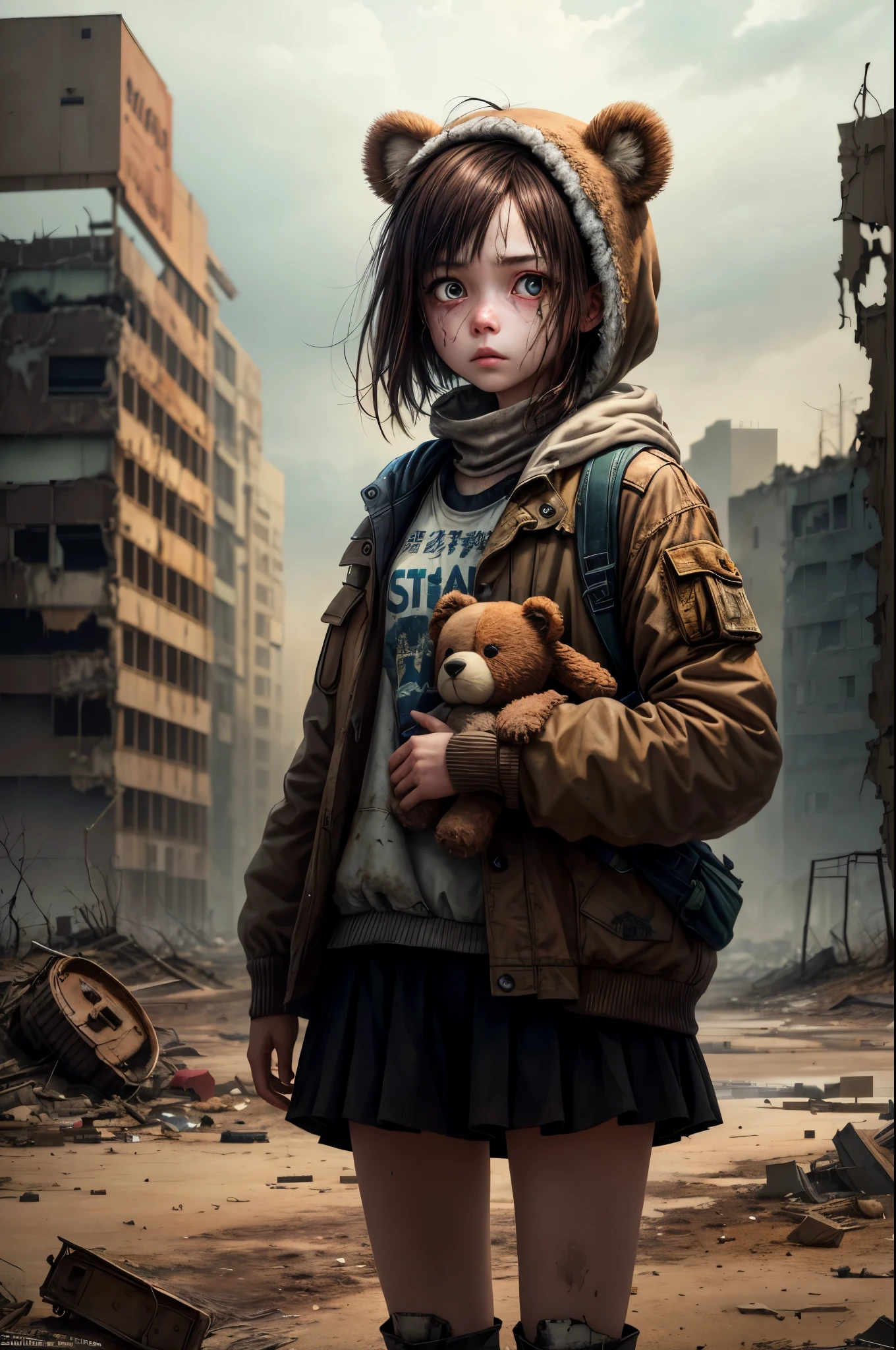 A lonely girl, holding a teddy bear, stands in the middle of a nuclear wasteland. The once vibrant civilization has crumbled, and nature has started to regain its territory. The desolation is evident as the landscape is filled with ruins and abandoned buildings. An eerie atmosphere permeates the air, adding to the sense of loneliness and melancholy. The scene is depicted in a dark and moody style, with the colors reflecting the post-apocalyptic setting. The girl's detailed facial features, including her expressive eyes, delicate nose, and lips, bring depth and emotion to her character. The teddy bear she holds symbolizes her only source of comfort in this desolate world. The artwork aims to capture the juxtaposition of innocence and despair,  viewers reflect on the fragility of existence in a post-apocalyptic world.