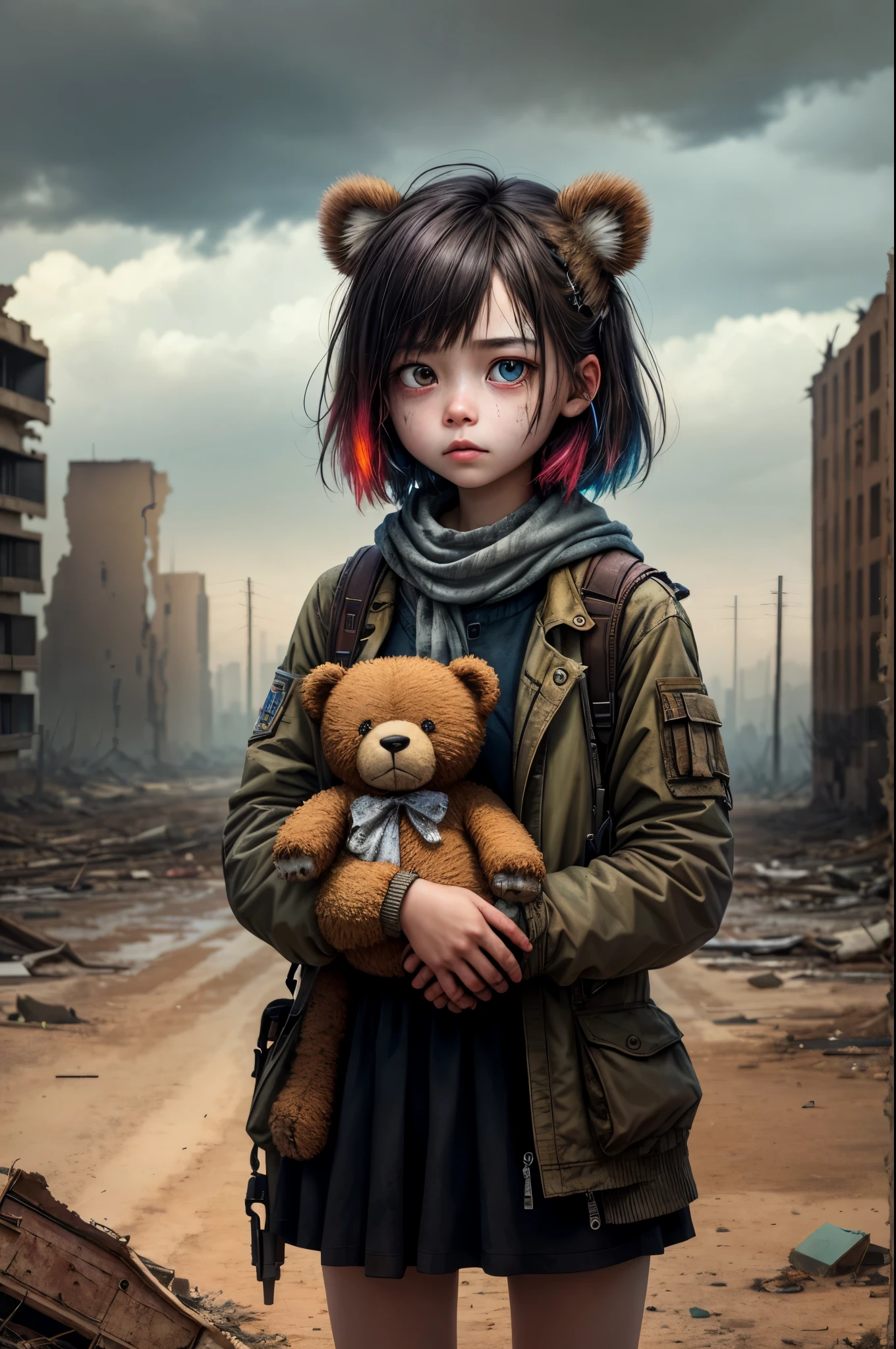 A lonely girl, holding a teddy bear, stands in the middle of a nuclear wasteland. The once vibrant civilization has crumbled, and nature has started to regain its territory. The desolation is evident as the landscape is filled with ruins and abandoned buildings. An eerie atmosphere permeates the air, adding to the sense of loneliness and melancholy. The scene is depicted in a dark and moody style, with the colors reflecting the post-apocalyptic setting. The girl's detailed facial features, including her expressive eyes, delicate nose, and lips, bring depth and emotion to her character. The teddy bear she holds symbolizes her only source of comfort in this desolate world. The artwork aims to capture the juxtaposition of innocence and despair,  viewers reflect on the fragility of existence in a post-apocalyptic world.