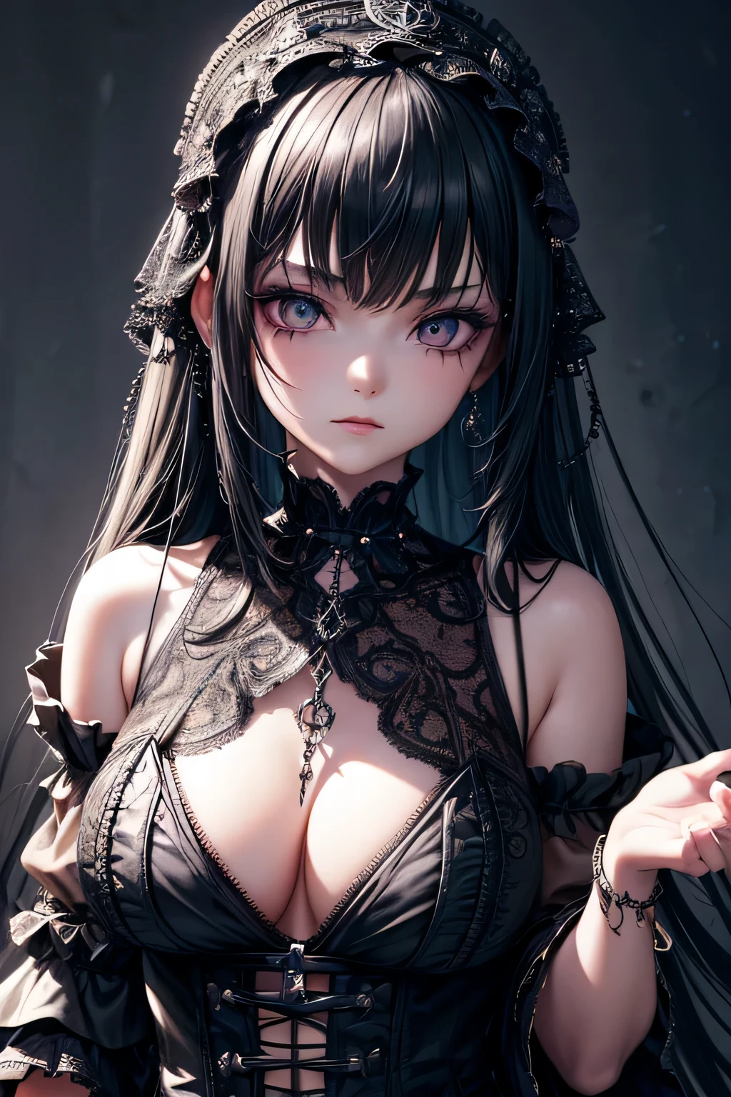1girl, young girl, goth , dressed in black gothic dress, black make up, emotionless, lot of metal accessories and chains, highly detailed, vibrant appearance, creative behavior, extremly detailed, imaginative, , spontaneous, highest quality, skin texture, intricate details, (cinematic lighting), RAW photo, 8k, masterpiece,best quality,ultra-detailed,very detailed illustrations,extremely detailed,intricate details,highres,super complex details,extremely detailed 8k cg wallpaper,