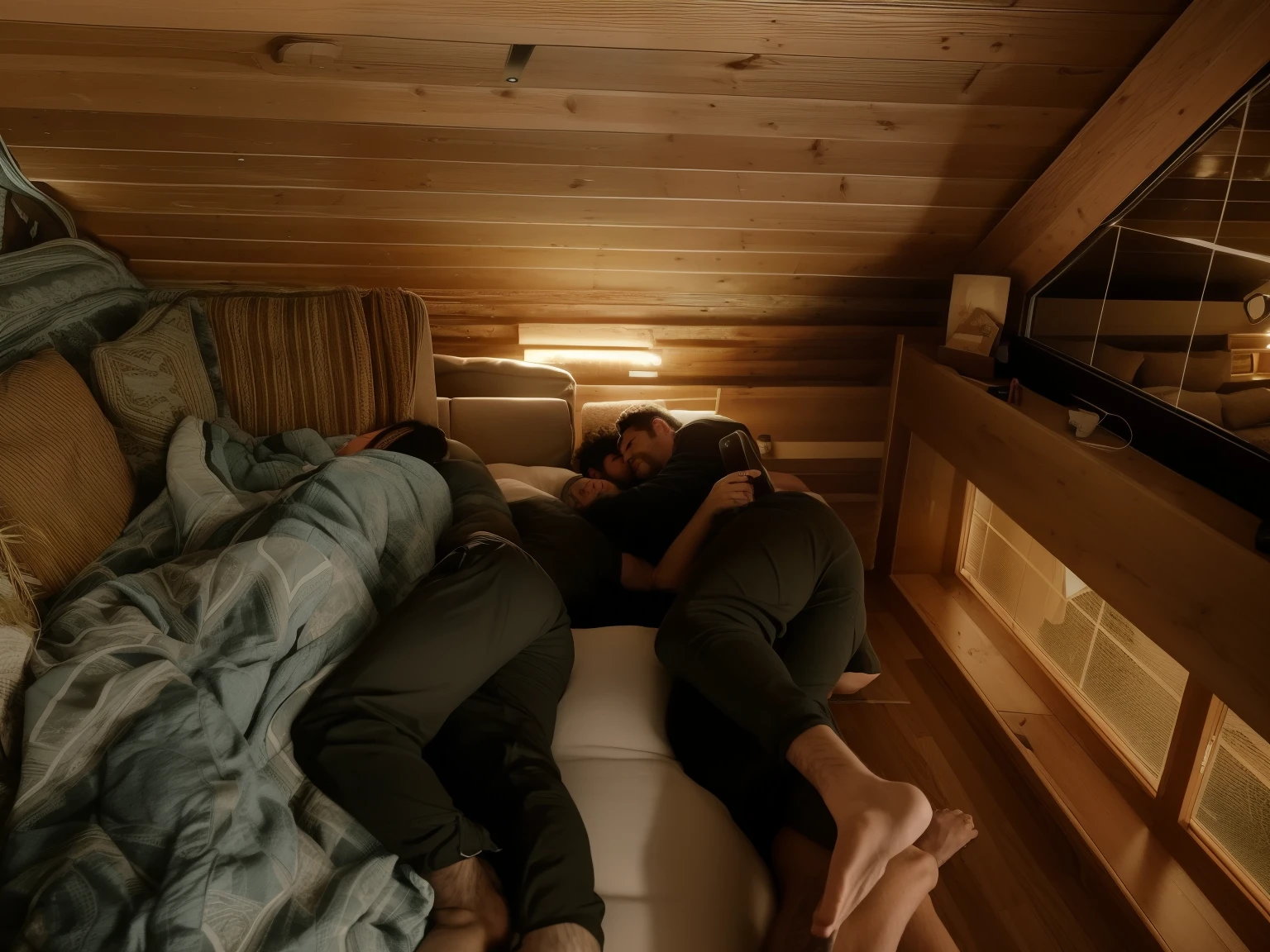 there are three people sleeping on a couch in a room, laying on their back, they are all laying down, in a cabin, passed out, humans sleeping in healing pods, three exhausted, laying down, relaxing after a hard day, resting after a hard fight, laying on a bed, sprawled out, while posing in the same bed, movie still of a tired