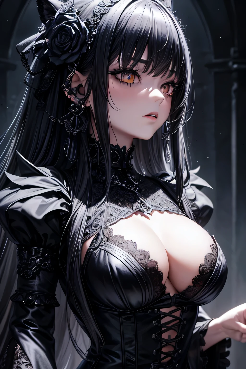 1girl, young girl, goth , dressed in black gothic dress, black make up, emotionless, lot of metal accessories and chains, highly detailed, vibrant appearance, creative behavior, extremly detailed, imaginative, , spontaneous, highest quality, skin texture, intricate details, (cinematic lighting), RAW photo, 8k, masterpiece,best quality,ultra-detailed,very detailed illustrations,extremely detailed,intricate details,highres,super complex details,extremely detailed 8k cg wallpaper,