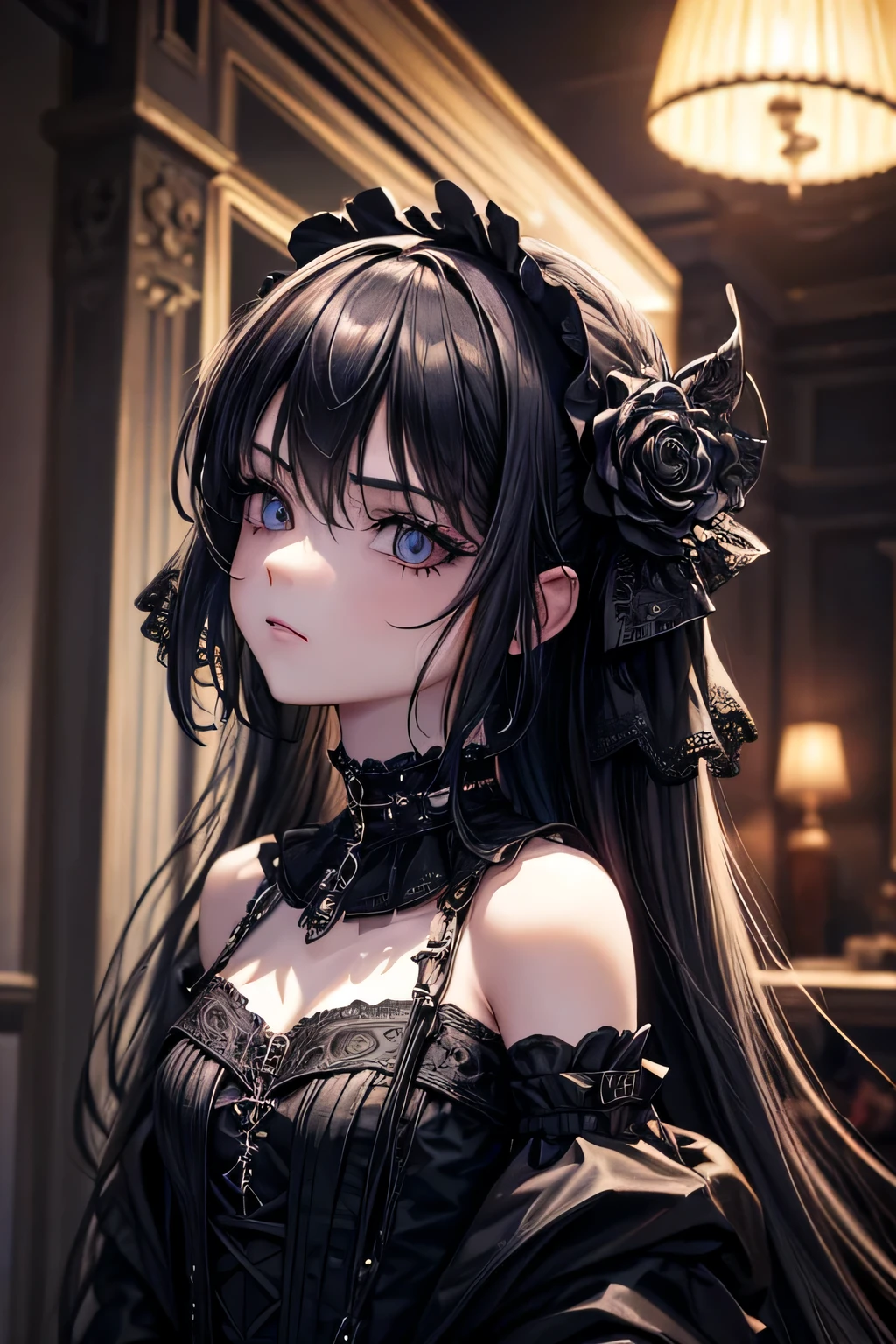 1girl, young girl, goth loli, dressed in black gothic dress, black make up, emotionless, lot of metal accessories and chains, highly detailed, vibrant appearance, creative behavior, extremly detailed, imaginative, , spontaneous, highest quality, skin texture, intricate details, (cinematic lighting), RAW photo, 8k, masterpiece,best quality,ultra-detailed,very detailed illustrations,extremely detailed,intricate details,highres,super complex details,extremely detailed 8k cg wallpaper,