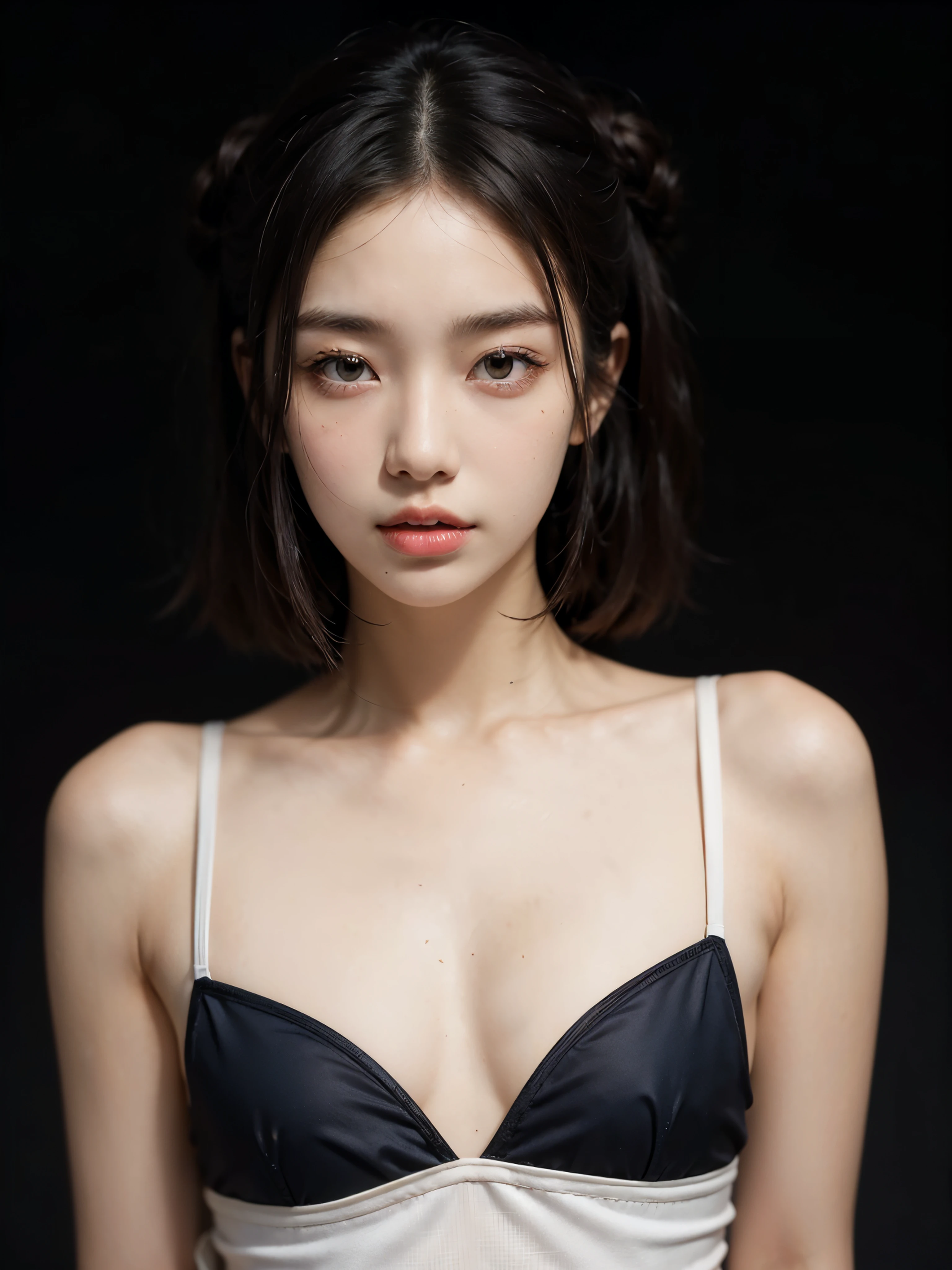 (1girl), (18-year-old White Asian girl), ((short black hair)), (brown eyes), (small nose), (eyeliners), (eye shadows), (light makeup), (small flat busts: 1.7),  (eyes looking at the camera), (straight upper body straight portrait), (body hair), (pink-colored one-piece swimming suit)