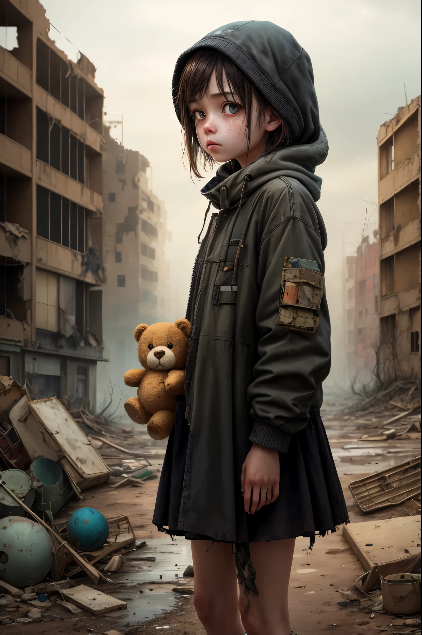 A lonely girl, holding a teddy bear, stands in the middle of a nuclear wasteland. The once vibrant civilization has crumbled, and nature has started to regain its territory. The desolation is evident as the landscape is filled with ruins and abandoned buildings. An eerie atmosphere permeates the air, adding to the sense of loneliness and melancholy. The scene is depicted in a dark and moody style, with the colors reflecting the post-apocalyptic setting. The girl's detailed facial features, including her expressive eyes, delicate nose, and lips, bring depth and emotion to her character. The teddy bear she holds symbolizes her only source of comfort in this desolate world. The artwork aims to capture the juxtaposition of innocence and despair, making viewers reflect on the fragility of existence in a post-apocalyptic world.