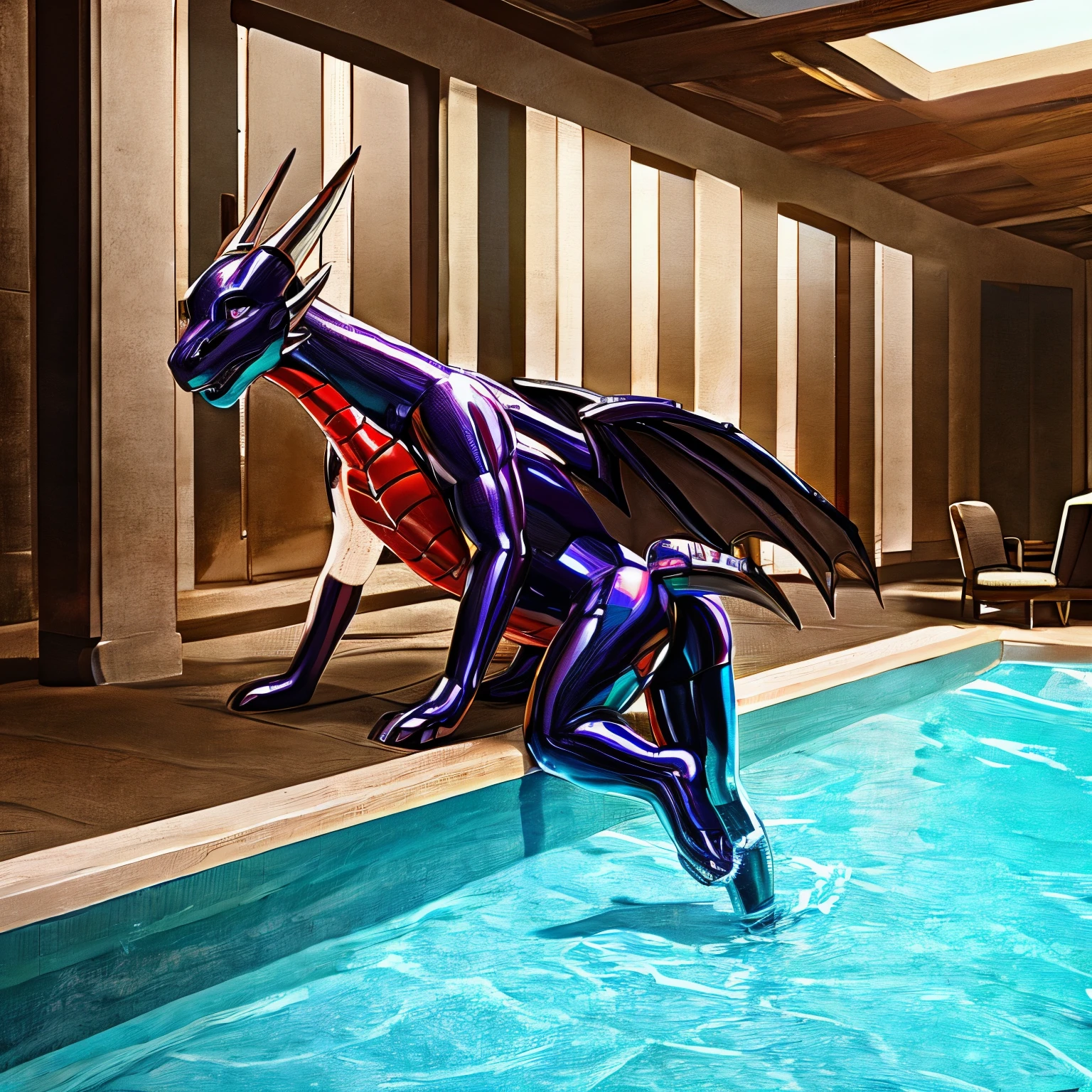 Transformation art, photorealistic, man swimming in pool while transforming into latex inflatable Cynder the dragon pooltoy, inside abandoned dilapidated hotel indoor pool