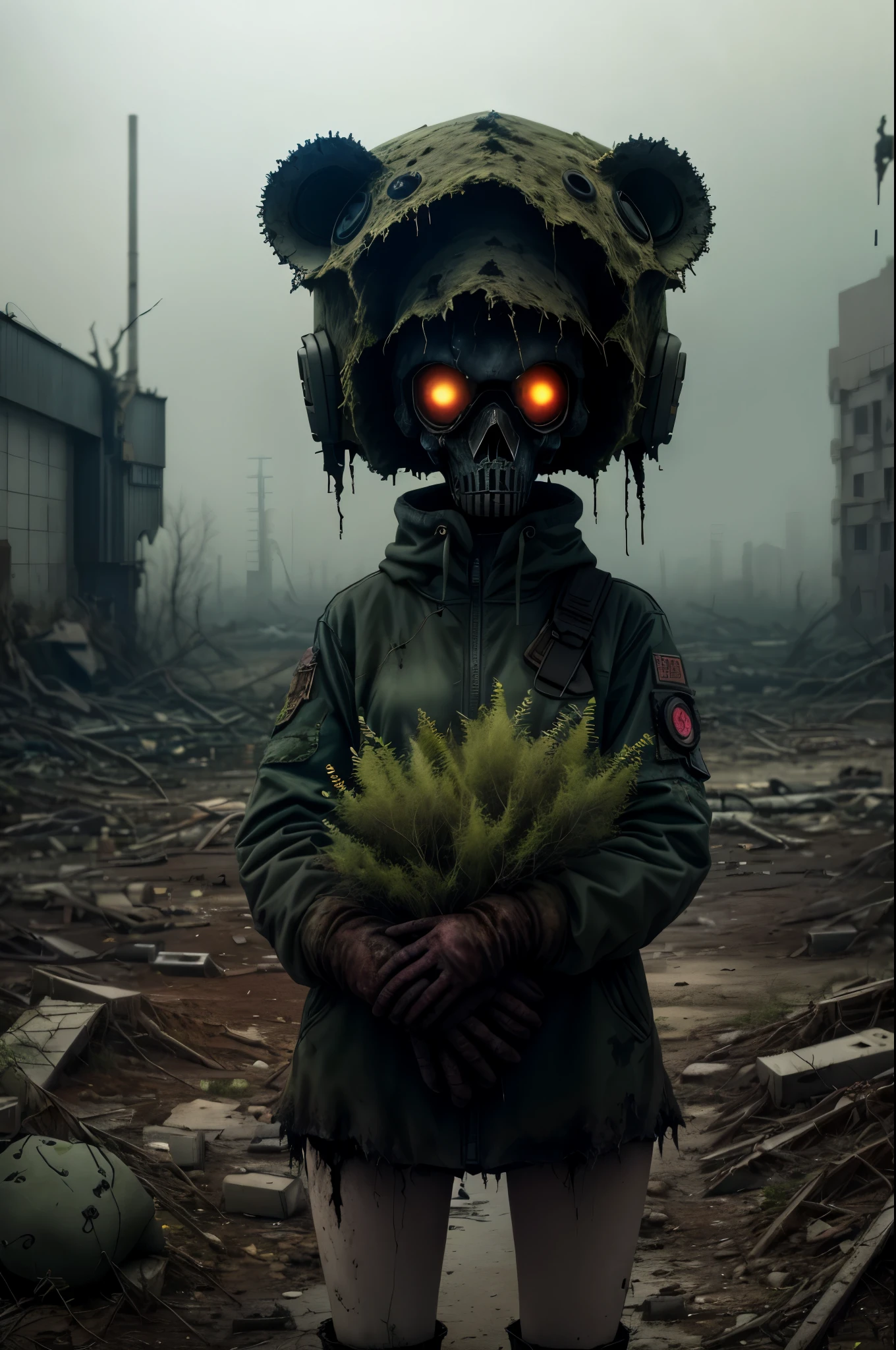Lonely girl, holding teddy bear, nuclear wasteland, plants regaining territory, desolation, eerie atmosphere, (dark and moody:1.4), (loneliness:1.ost-apocalyptic:1.2).