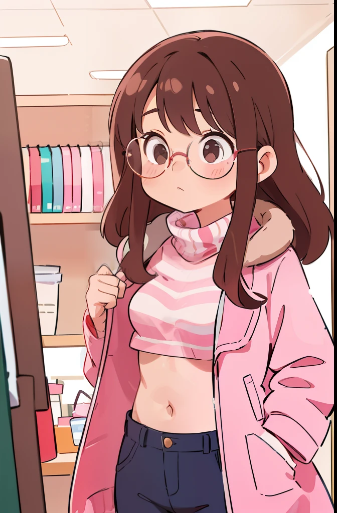 a cute girl with black eyes and pink hair wearing a pink t-shirt tied up to her navel and blue pants who has a magic weapon and a cute shy girl with golden eyes and long black hair wearing a black sweater with black retro shorts and a pretty 17 year old girl with green eyes with long brown hair and glasses with big wearing a blue t-shirt where you can see her stomach with blue pants ,3people ,house