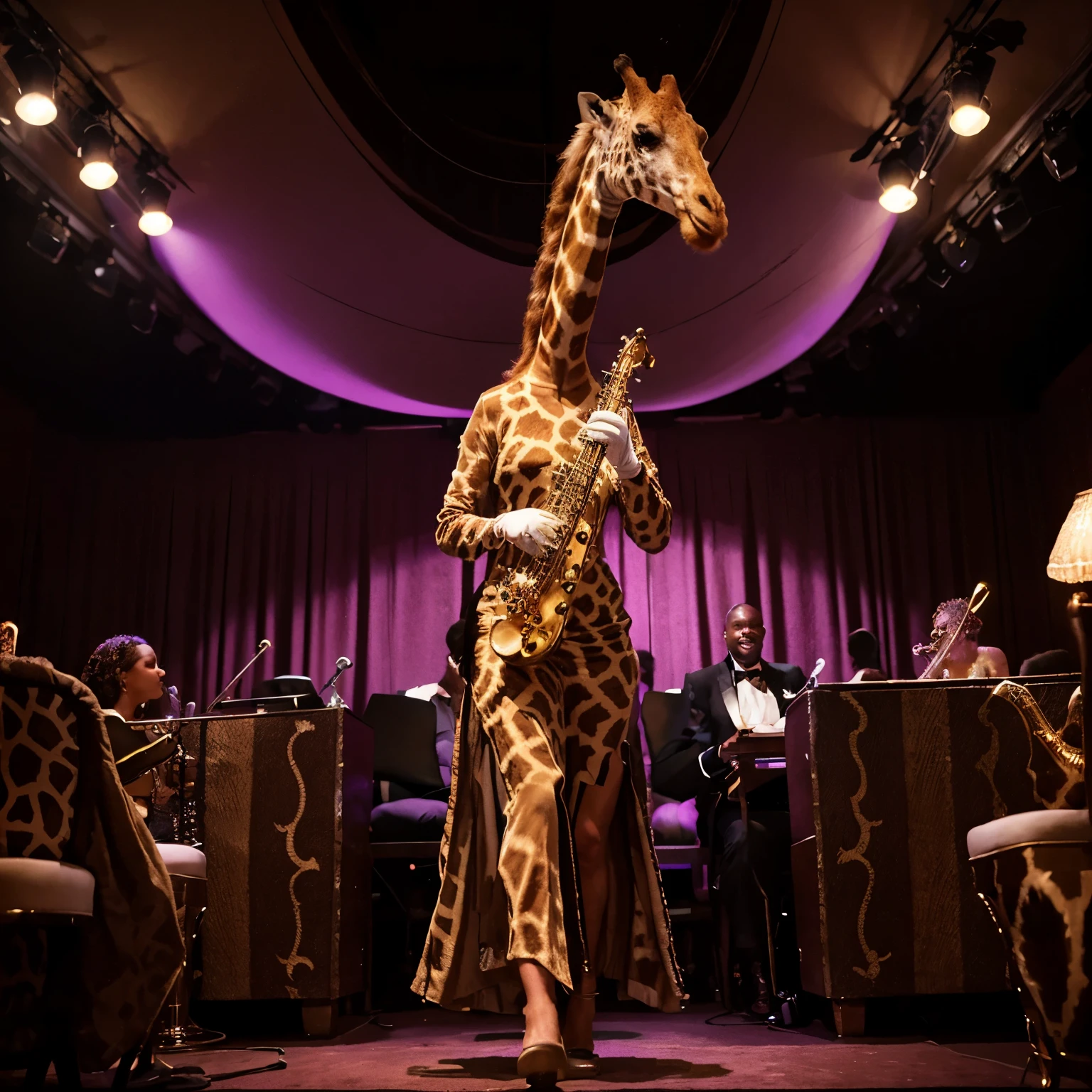 Under the soft lights of a jazz club, a giraffe elegantly dressed in a long dress and gloves is playing the saxophone. Around him, other animals are in the audience, applauding and enjoying cocktails. The stage is decorated with instruments adapted for different animal forms.