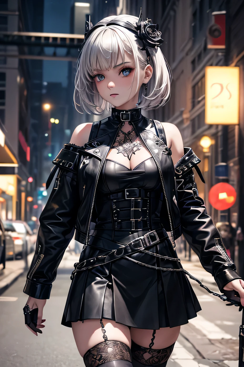 1girl, young girl, goth loli, dressed in black gothic dress, black torn stockings,  short black leather jacket, thick black make up, emotionless, lot of metal accessories and chains, tattoos, walking down the street, highly detailed, vibrant appearance, creative behavior, extremly detailed, imaginative, , spontaneous, highest quality, skin texture, intricate details, (cinematic lighting), RAW photo, 8k, masterpiece,best quality,ultra-detailed,very detailed illustrations,extremely detailed,intricate details,highres,super complex details,extremely detailed 8k cg wallpaper,