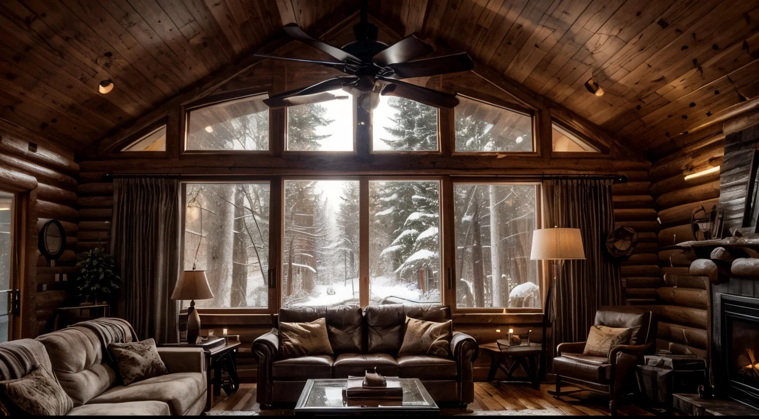 A double-height ceiling living room with a large, floor-to-ceiling window on one side log cabin. Outside is a dark snow-covered landscape. The living area is furnished with plush, contemporary sofas and chairs in neutral tones, grouped around a low, central coffee table. The room's color palette is composed of dark brown and warm tones, with the soft lighting from various lamps adding a cozy ambiance., UHD, masterpiece, super detail, high details, high quality, best quality