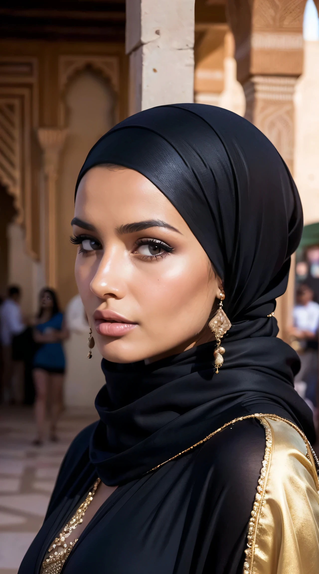 Moroccan girl, Brunnete, (Traditional respectful covered dress), (very loose head scarf showing curly hair), (Morrocan souk environment), masterpiece, best quality, highly detailed, (Beautiful and detailed eyes beautiful and detailed face), (Best Quality), (ultra-detailed), (masterpiece), (high resolution), (Original), ultra-realistic.