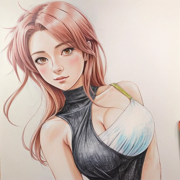 female, short dress, white, Art, ad, colour pencil drawing, draft drawing, illustration, Torn white dress, big busts, twintails
