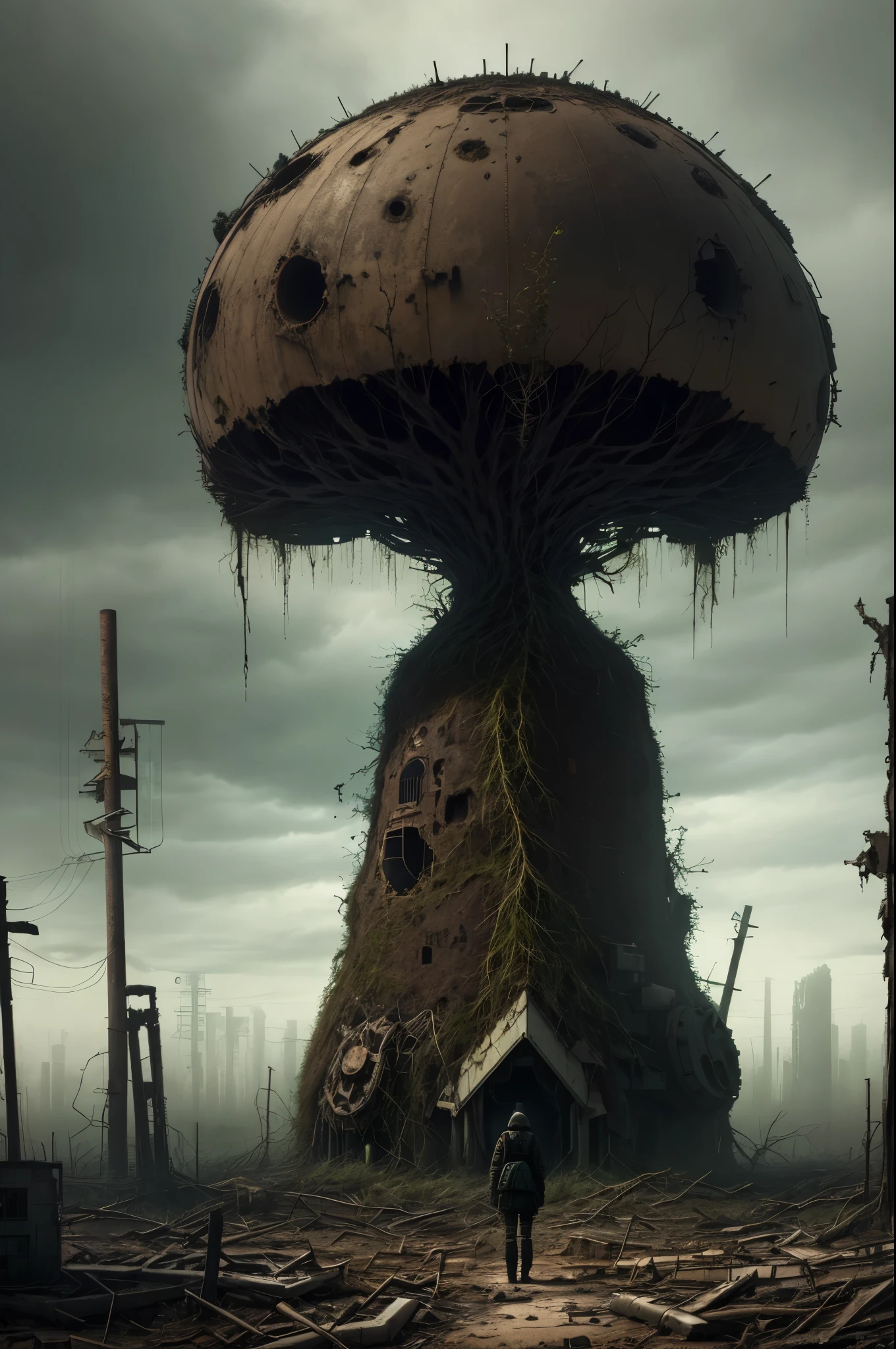 Lonely girl, teddy bear, nuclear wasteland, plants regaining territory, desolation, eerie atmosphere, (dark and moody:1.4), (loneliness:1.ost-apocalyptic:1.2).