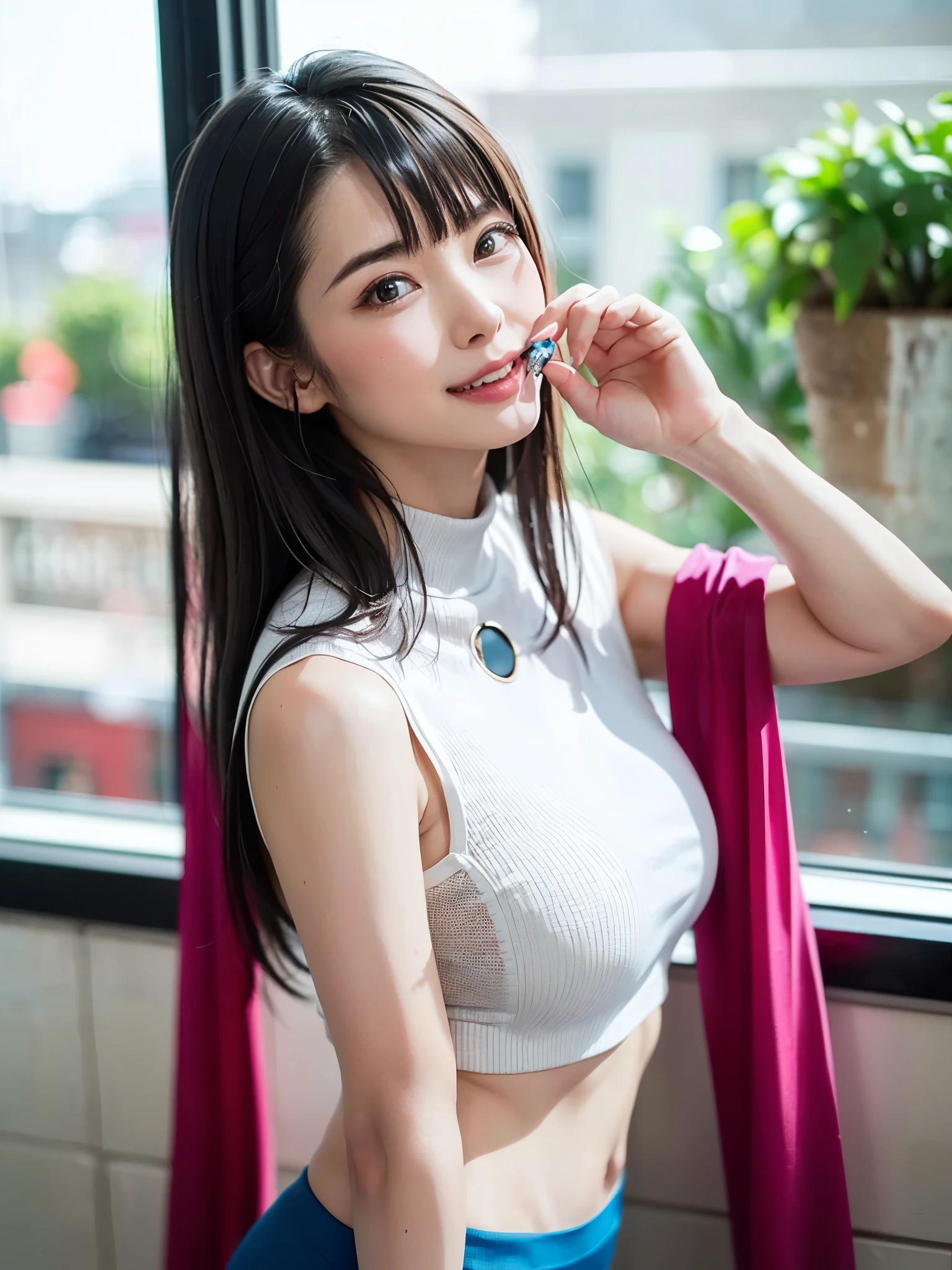 (masutepiece, top-quality、face focus focus、Armpit focus、navel focus、decolletage focus、underboob、Very attractive beauty、Add intense highlights to the eyes、Look firmly at the camera:1.4、A beautiful woman full of charm、Ideal ratio body proportions、Perfect Anatomy、Brunette Short Bob Hair:1.7、Lustrous hair:1.4、bangss:1.7、46 point 光沢のあるbangss:1.4、lipgloss),1girl in, report, Light brown shiny hair, muffler,realisitic, looking at the viewers、Tilt your head slightly, Bright colored crystal light blue eyes, short shiny hair、 White turtleneck outfit with a hole in the center of the chest,Sexy white turtleneck knit sweater with a round hole in the middle of the chest、 s lips, lipgloss, The upper part of the body、big eye、Lashes、A little red in the face、Embarrassing)、((Italian winter window scenery))、((short hair with big eyes、Put very strong highlights in your students、{Gigantic|Big|Huge|Mega} breasts:1.4、beautiful deep valley、very Bigger breasts:1.4、gazing at viewer、Very beautiful beauty、Put your ears out、Long and beautiful Zhu Lake 1.4、、smil、Happy:1.4、Beautiful teeth、Open your mouth and laugh、Very cute smile、Heart-shaped pupil))、28 year old、Very cute supermodel、(((bangss、光沢のあるbangss:1.6)))、Snowflake:1.5