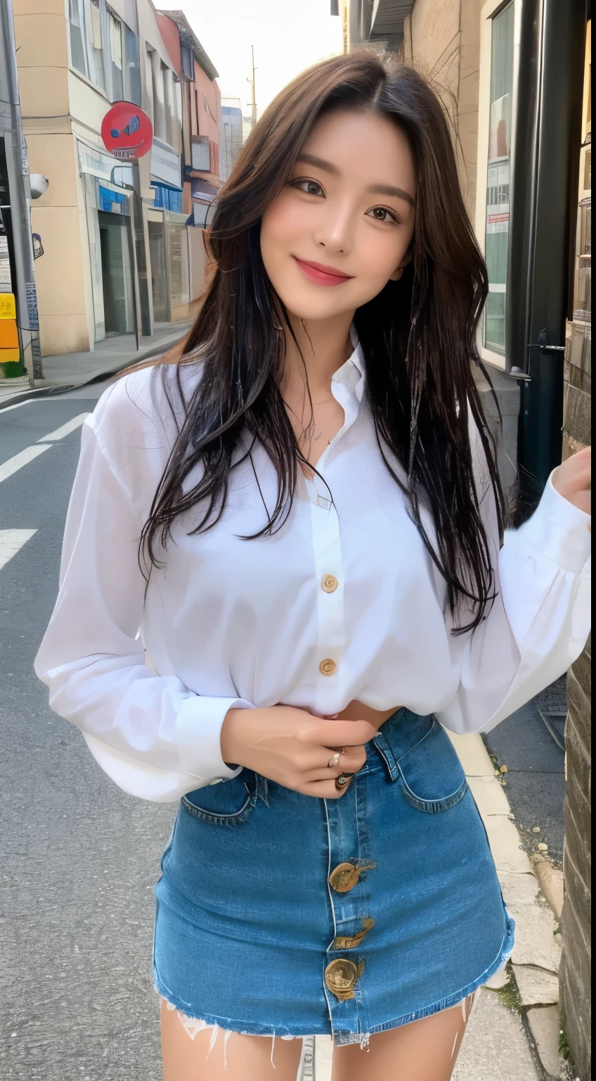 ((top-quality、8K、masterpiece:1.3))、foco nítido:1.2、Beautiful woman with perfect body shape:1.4、Slim abs:1.2、(Layered Hair Style:1.2))、(Wet White Button Long Shirt:1.3)、Sateen:1.3、street:1.2、wetbody:1.1、Highly detailed facial and skin texture、A detailed eye、二重まぶた、、a smile、beauty legs、tight miniskirt