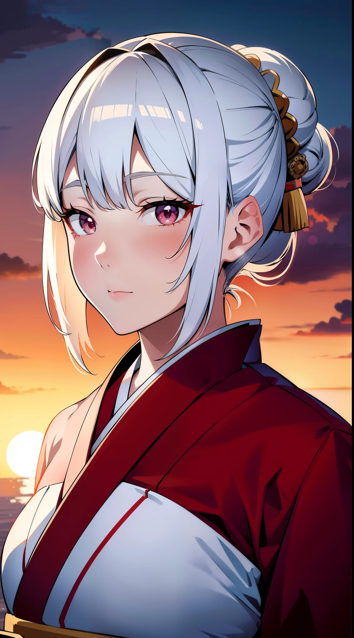 {8k image}, 1beautiful japanese woman, 30 years old, tied hair (samurai bun), white hair, wearing a red kimono, looking at the viewer, facing the camera, {face portrait}, {centered image}, sunset background, manga lineart, manga art style, detailed lineart