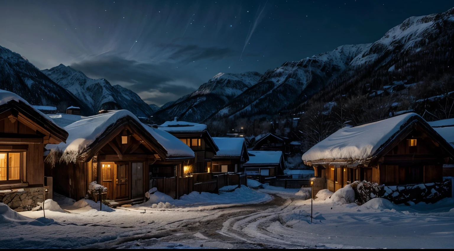 A serene winter night scene in a mountainous region, where traditional thatched-roof houses are blanketed in snow. The warm glow of lights from the windows suggests a cozy atmosphere inside, contrasting with the cold blue tones of the snow-covered landscape. The darkness of the night sky and the surrounding environment accentuates the illumination of the houses. There's a hint of human presence in this secluded area, as evidenced by the lights and the well-trodden paths in the snow.