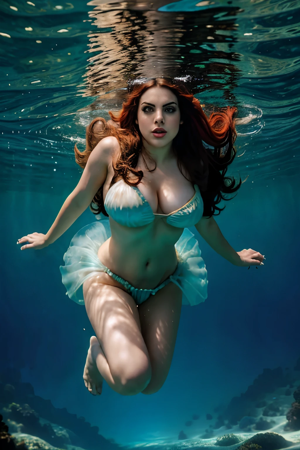 Elizabeth Gillies, bigfaketits, crie a sereia  de cabelos castanhos longos Ariel, on beautiful ocean bottom under water, Ultra Detalhes, ultra realistic, UHD