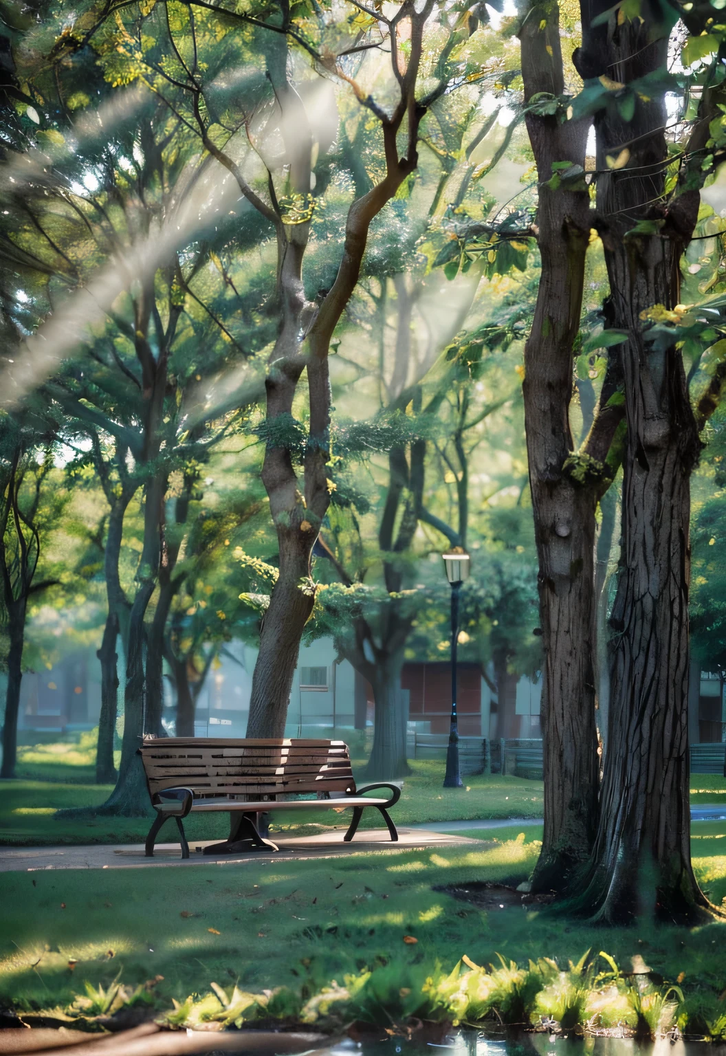 green tree, green grass, park chair, foggy, ((back light)), light through fog, (masterpiece), ((ultra-detailed)), (highly detailed CG illustration), (expressionless), (best quality:1.2), High quality texture, intricate details, detailed texture, High quality shadow, Cinematic Light, Depth of field, light source contrast, perspective, realistic,