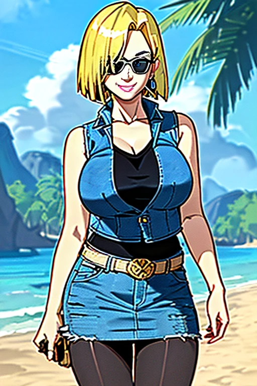 1girl, (solo:1.2), (standing:1.3), (interacting:1.3), (cowboy shot:1.5), (curvy:1.2), smile, happy, at ease, (masterpiece:1.3), (best quality:1.erfect anatomy:1.4), highly detailed, (tropical beach:1.alm trees, azure blue water, daylight, summer,, android18, earrings, denim, belt, blonde hair, blue eyes, short hair, jewelry, (denim vest:1.2), open vest, black pantyhose, black shirt, denim skirt, (white striped long sleevelue skirt, large breasts, 55level, semi-traditional artstyle, (clean lineart:1.3), (soft shading:1.2), expert shading