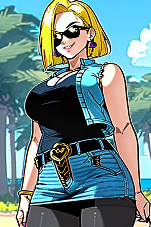 1girl, (solo:1.2), (standing:1.3), (interacting:1.3), (cowboy shot:1.5), (curvy:1.2), smile, happy, at ease, (masterpiece:1.3), (best quality:1.erfect anatomy:1.4), highly detailed, (tropical beach:1.alm trees, azure blue water, daylight, summer,, android18, earrings, denim, belt, blonde hair, blue eyes, short hair, jewelry, (denim vest:1.2), open vest, black pantyhose, black shirt, denim skirt, (white striped long sleevelue skirt, large breasts, 55level, semi-traditional artstyle, (clean lineart:1.3), (soft shading:1.2), expert shading