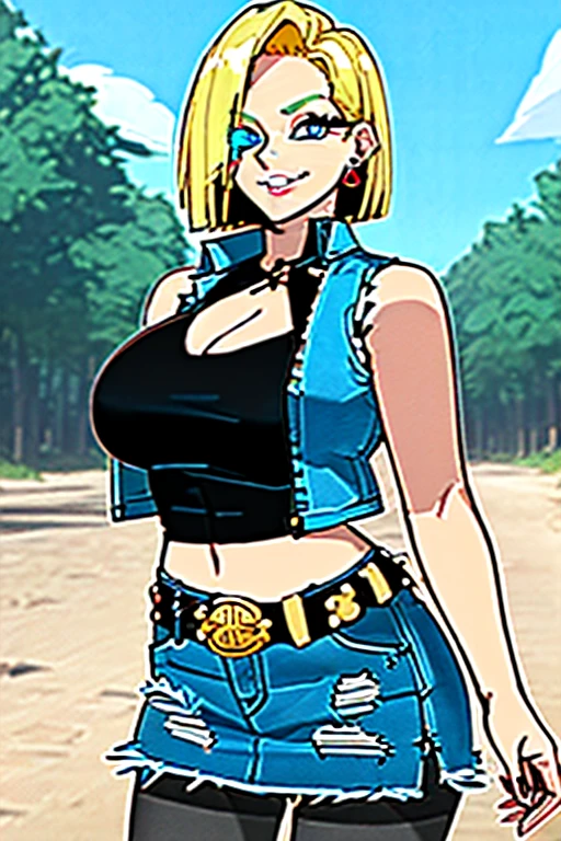 1girl, (solo:1.2), (standing:1.3), (interacting:1.3), (cowboy shot:1.5), (curvy:1.2), smile, happy, at ease, (masterpiece:1.3), (best quality:1.erfect ???????:1.4), highly detailed, (tropical beach:1.alm trees, azure blue water, daylight, summer,, android18, earrings, denim, belt, blonde hair, blue eyes, short hair, jewelry, (denim vest:1.2), open vest, black pantyhose, black shirt, denim skirt, (white striped long sleevelue skirt, large breasts, 55level, semi-traditional artstyle, (clean lineart:1.3), (soft shading:1.2), expert shading