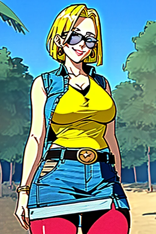 1girl, (solo:1.2), (standing:1.3), (interacting:1.3), (cowboy shot:1.5), (curvy:1.2), smile, happy, at ease, (masterpiece:1.3), (best quality:1.erfect anatomy:1.4), highly detailed, (tropical beach:1.alm trees, azure blue water, daylight, summer,, android18, earrings, denim, belt, blonde hair, blue eyes, short hair, jewelry, (denim vest:1.2), open vest, black pantyhose, black shirt, denim skirt, (white striped long sleevelue skirt, large breasts, 55level, semi-traditional artstyle, (clean lineart:1.3), (soft shading:1.2), expert shading