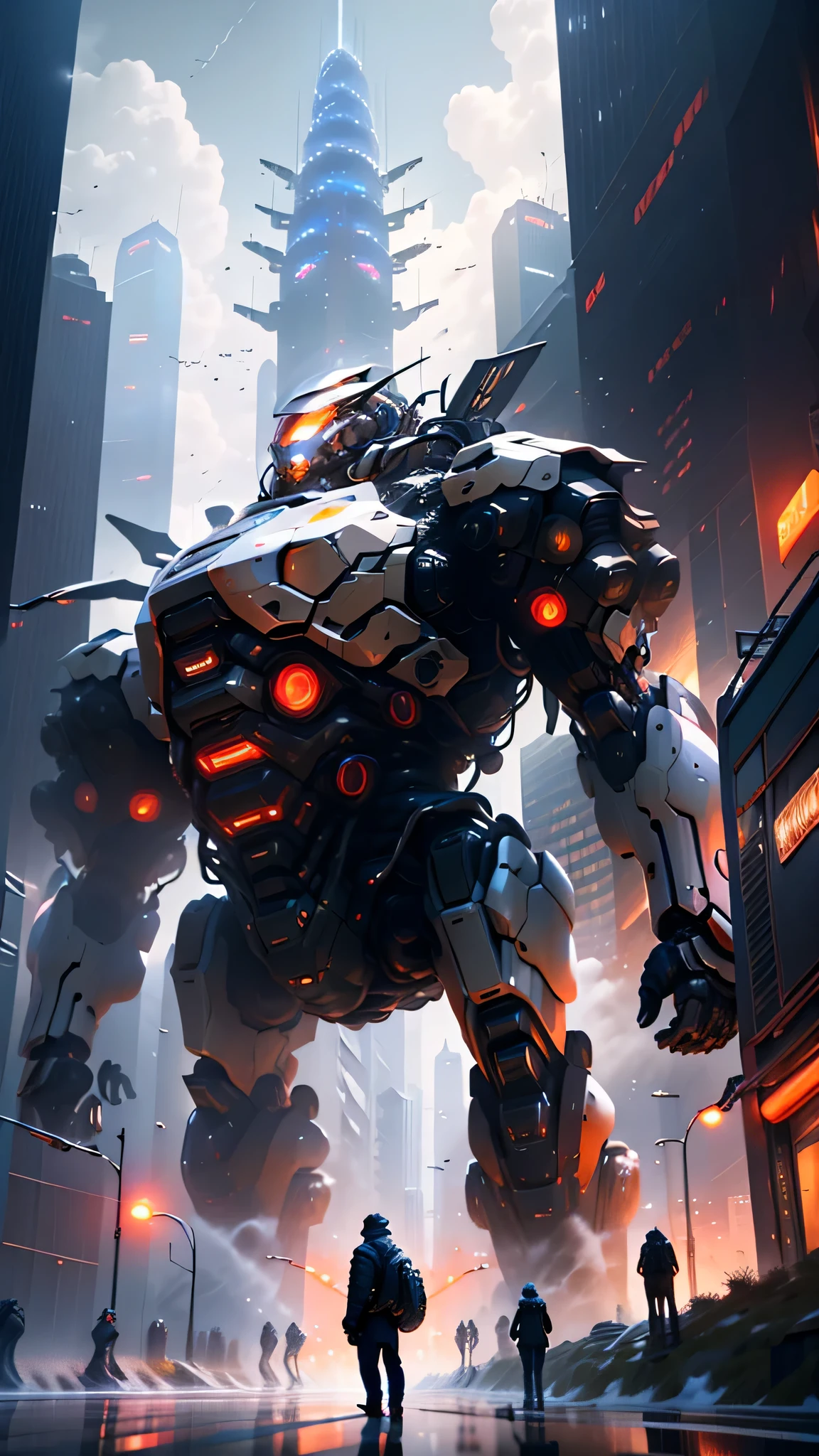 "Generate a stunning 4K image featuring a colossal anime mech hovering majestically over a futuristic cityscape. The mech should be intricately designed with sleek lines and glowing elements, casting a dynamic shadow over the surrounding skyscrapers. Add a sense of scale by including tiny details like city lights and traffic far below. In the midst of this futuristic scene, place a lone man standing confidently in the middle of a well-lit street, gazing up at the awe-inspiring mech. Capture the contrast between the advanced technology of the mech and the human element on the street, conveying a sense of wonder, scale, and the harmonious coexistence of man and machine in this futuristic world."
