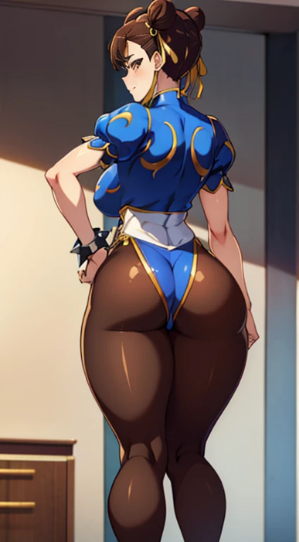 girl with, chun li, Gloss, slim thigh, stiff nipple, thick eyebrow, Tight buttocks, lower back, middlebreast, Very happy, Brown pantyhose, long drop, Salaryman in short clothes, Sexy, ​masterpiece,