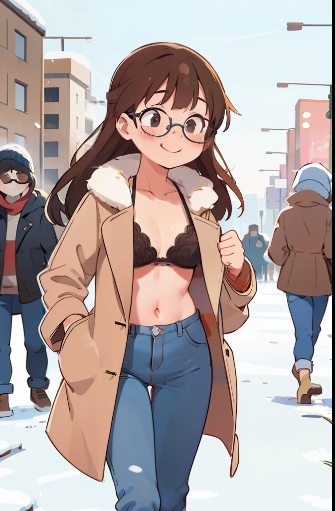 Girl, long brown hair, bangs, glasses and small frame, in winter coat and bikini, and jeans, in a public park, snow, snow on the ground, opening up coat, showing your bra, smiling, just a lacy bra under coat, no shirt under coat, small boobs, a cup, lacy bikini top, bikini, bikini under coat, bikini bra, bikini and coat over it, getting caught, embarassed, flashing, someone walking in, background people walking past, public, someone catching you flashing